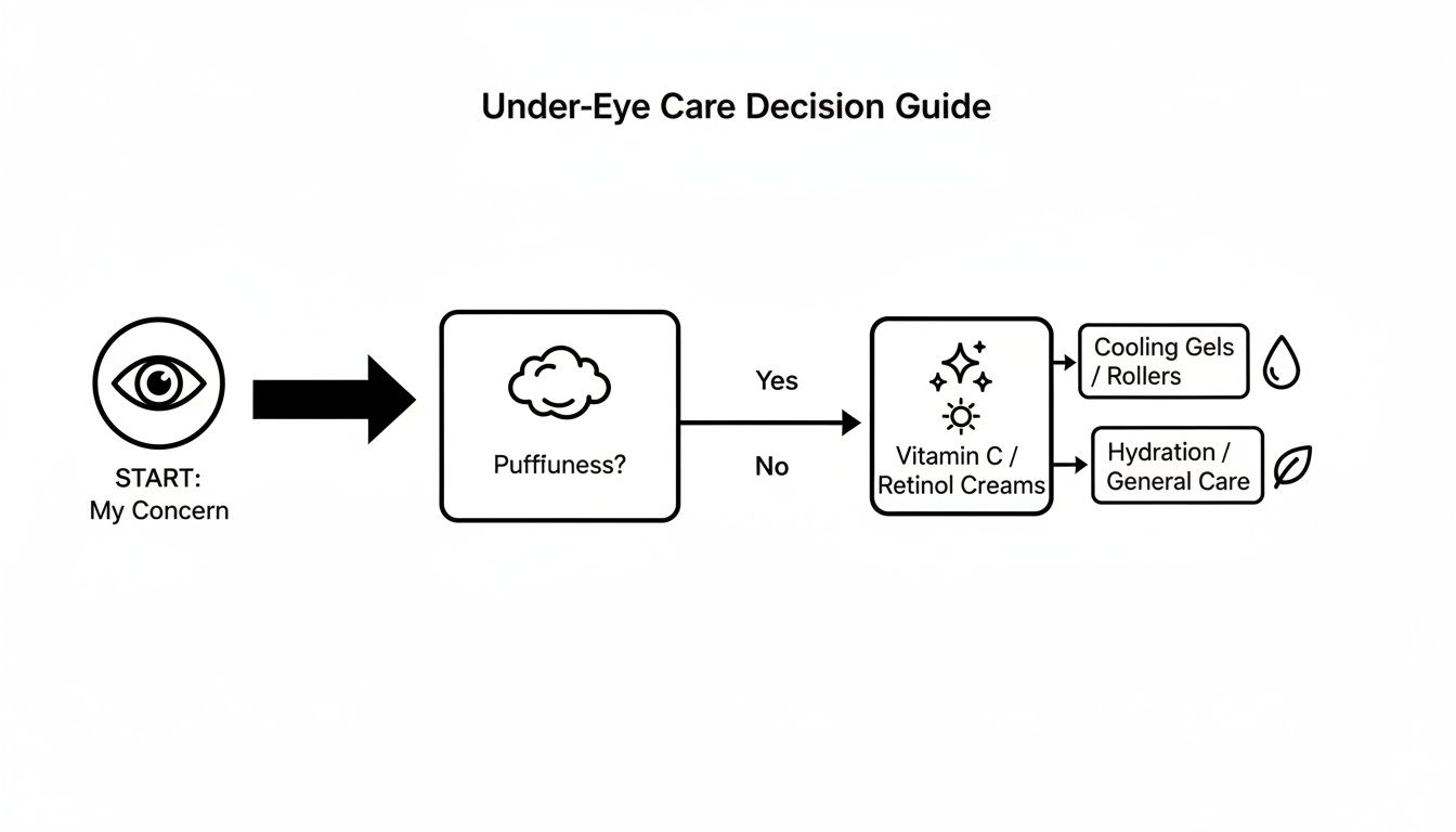 Under-Eye Care Decision Guide flowchart: Addresses puffiness with cooling gels or general care, including vitamin C.