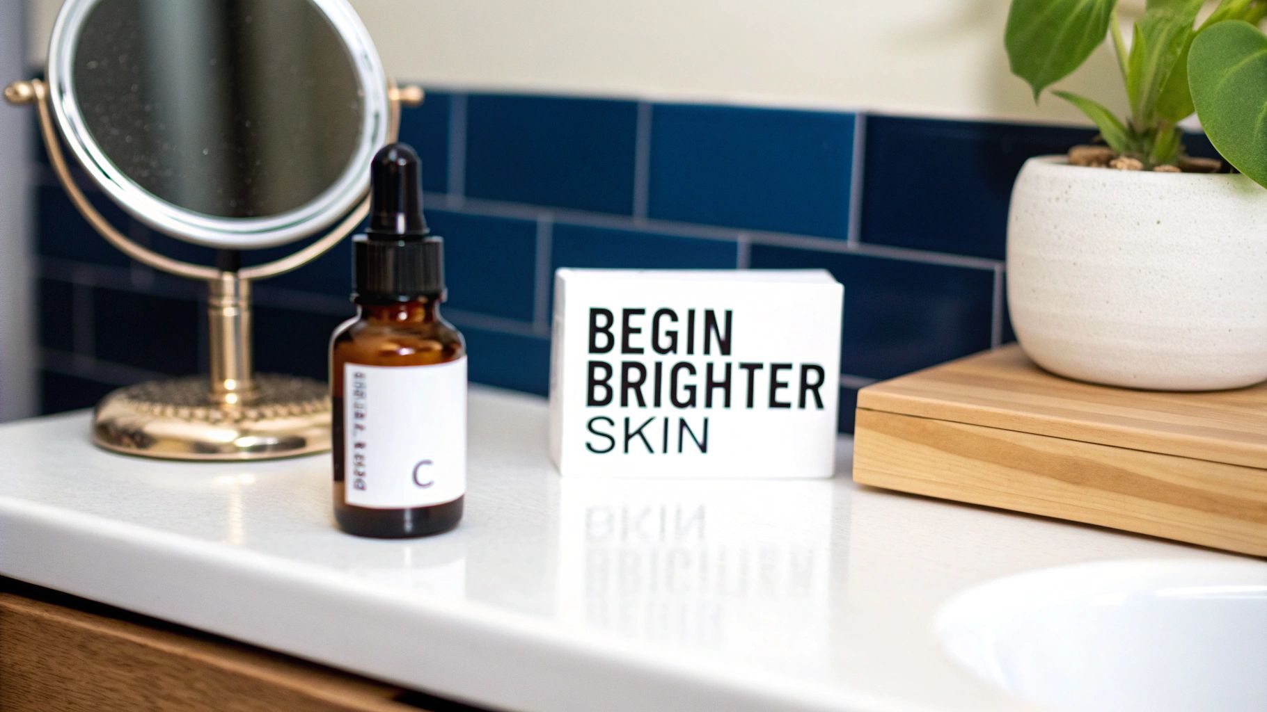 A woman with clear skin smiling and holding a bottle of vitamin c serum.