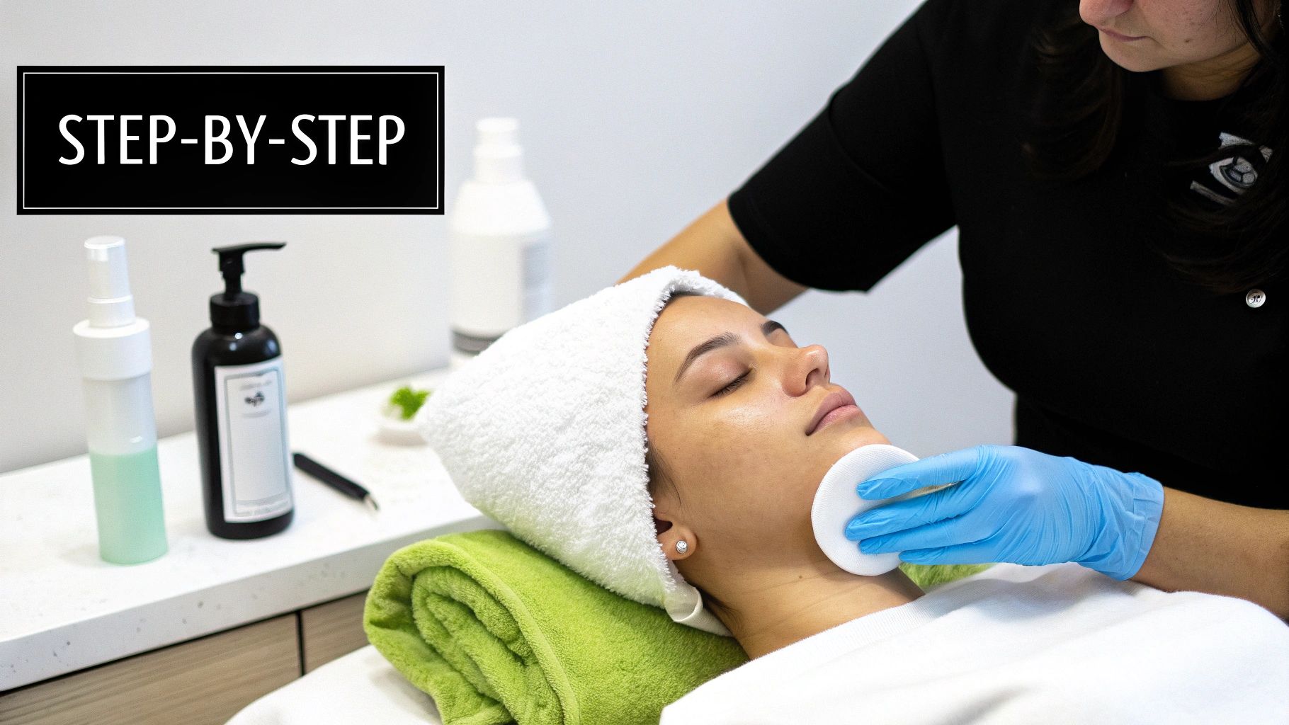 A woman receives a step-by-step facial treatment, with a professional applying product to her face.