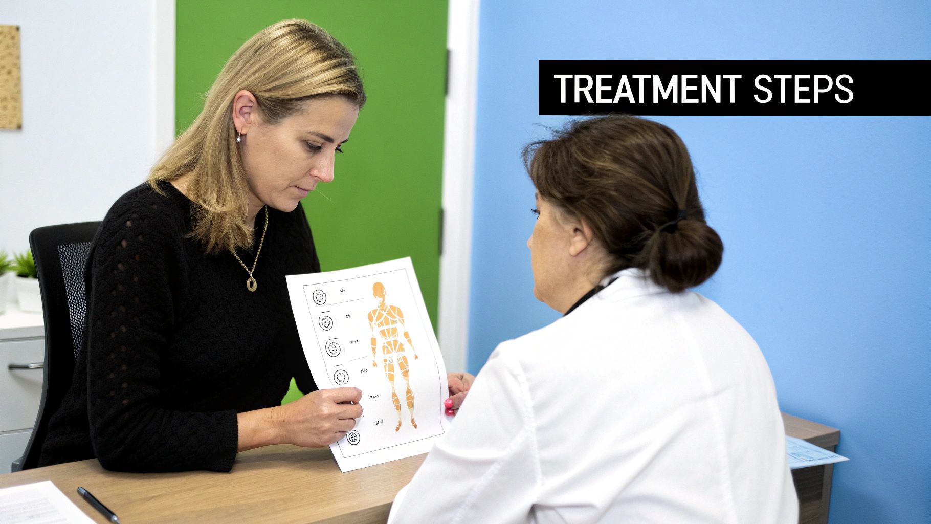 Medical professional explains treatment steps to a patient using a body diagram.