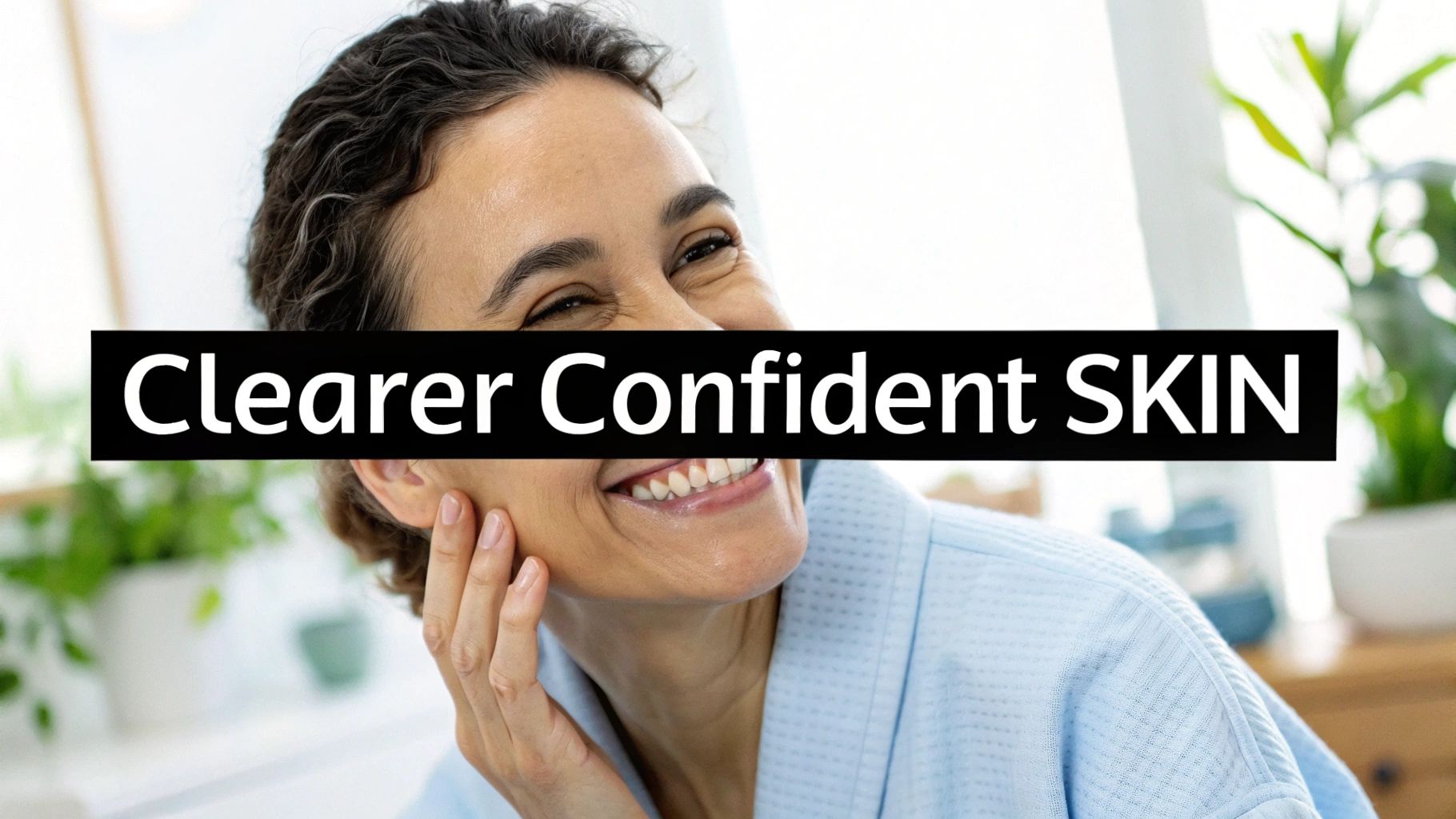 A smiling woman with clear, confident skin, wearing a blue robe, promoting skin health.