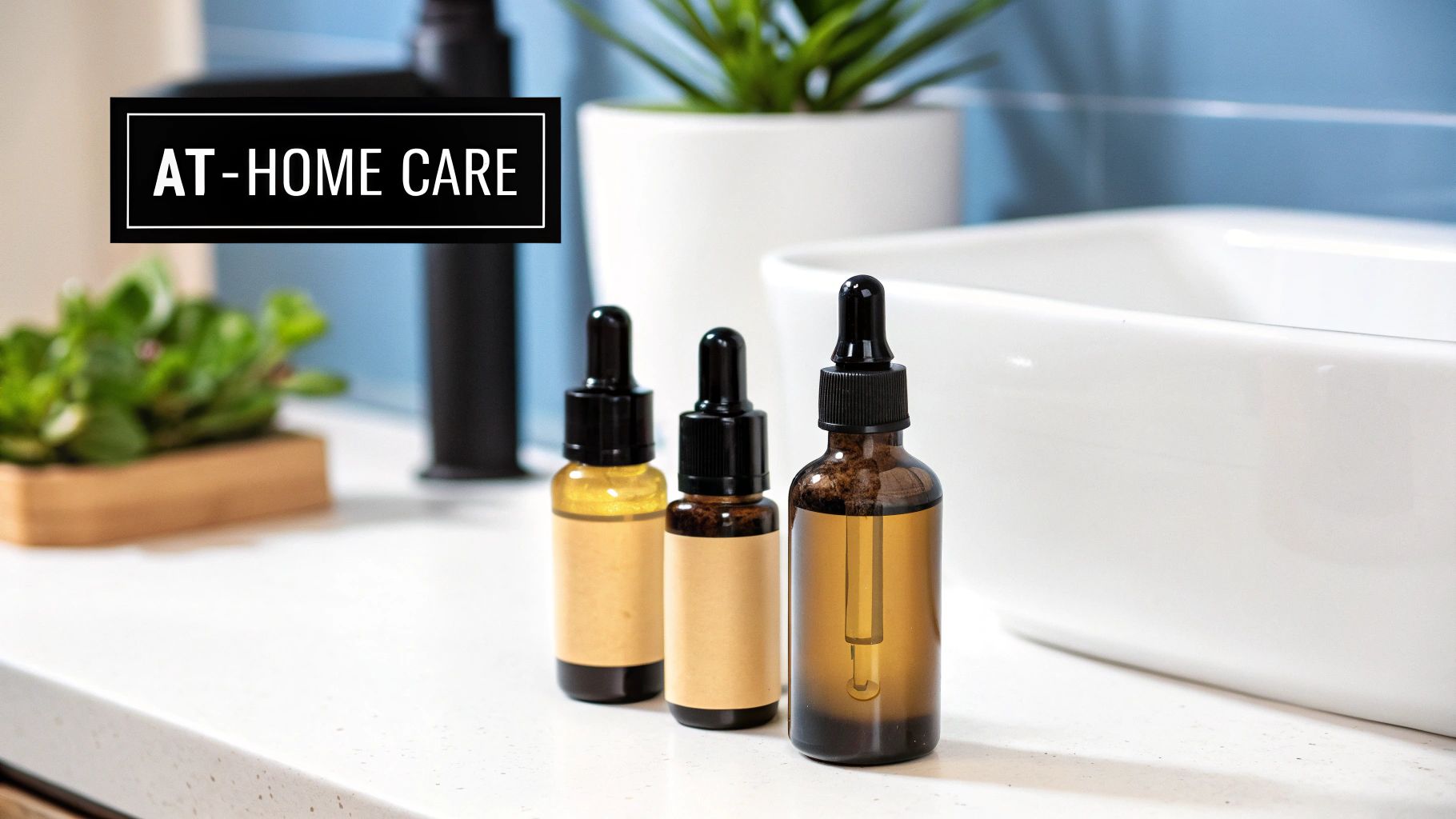 Three amber dropper bottles with essential oils on white bathroom counter for at-home skincare treatment
