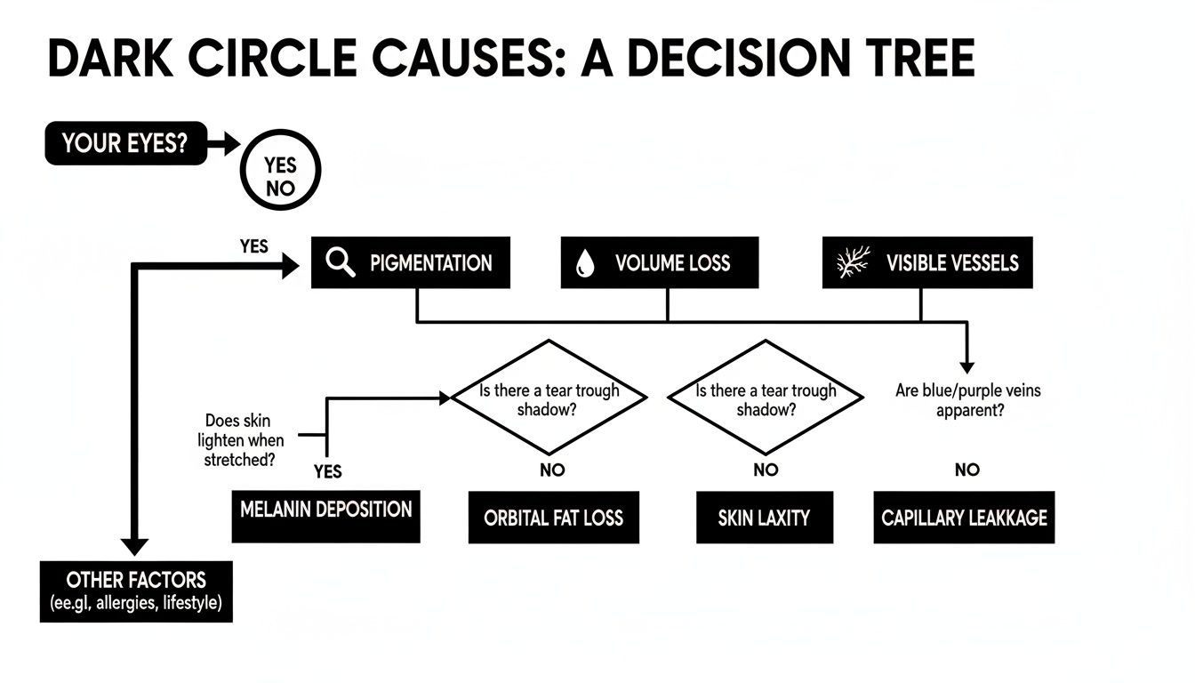 A decision tree flowchart illustrating the various causes of dark circles under the eyes.