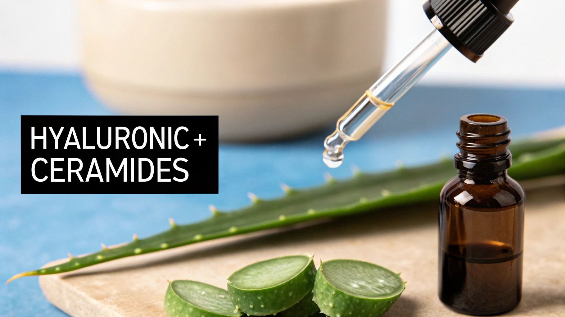 Skincare serum with hyaluronic and ceramides, dropper, and fresh aloe vera on a blue background.