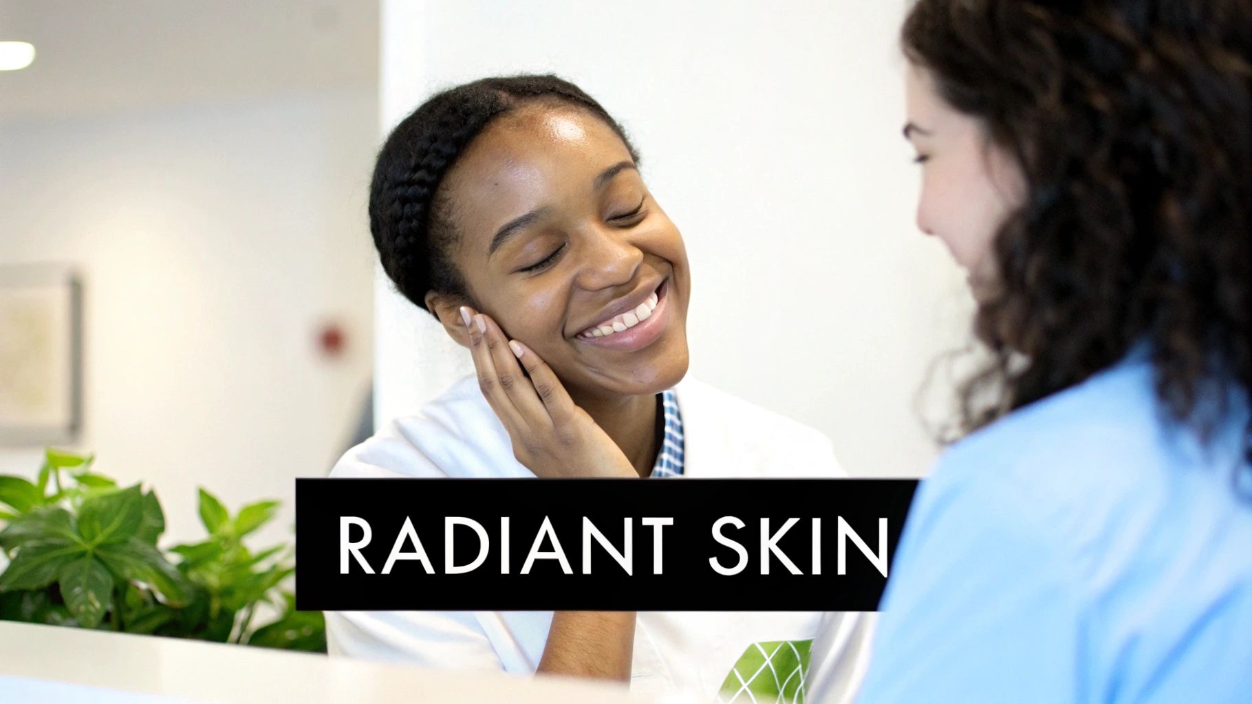 Woman with radiant glowing skin smiling while touching her face during skincare consultation