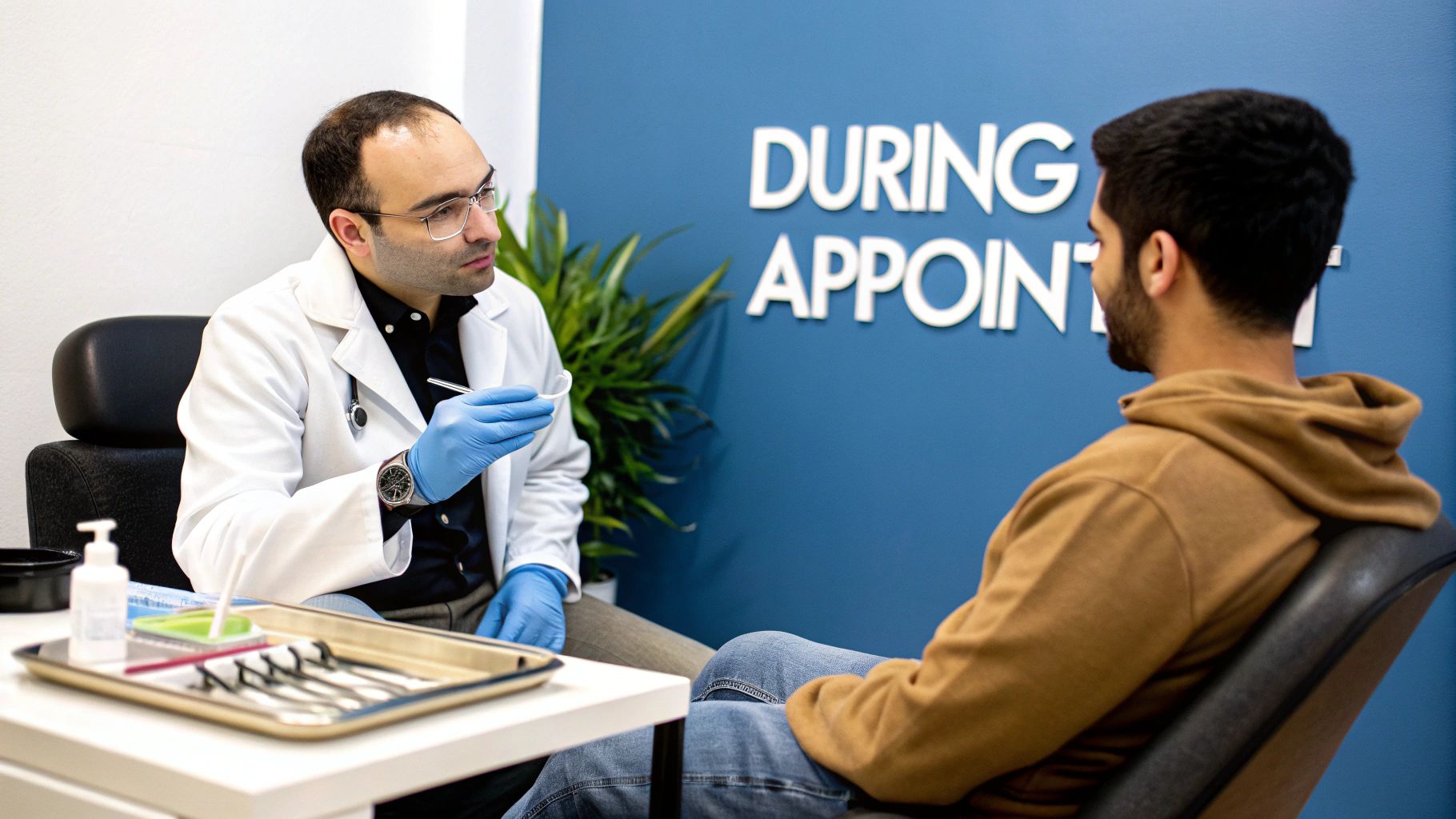 A dentist in a white coat and blue gloves consults with a patient during an appointment.