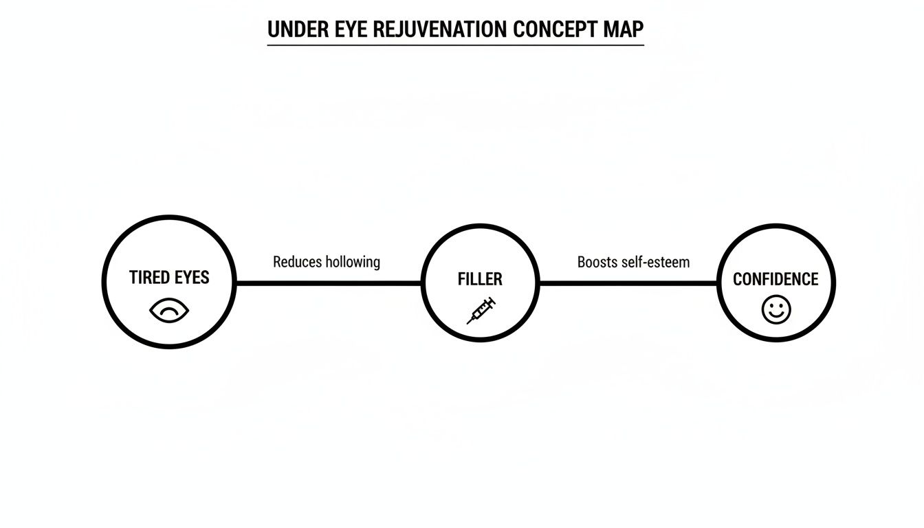 Concept map illustrating under eye rejuvenation: filler reduces hollowing from tired eyes, boosting confidence.