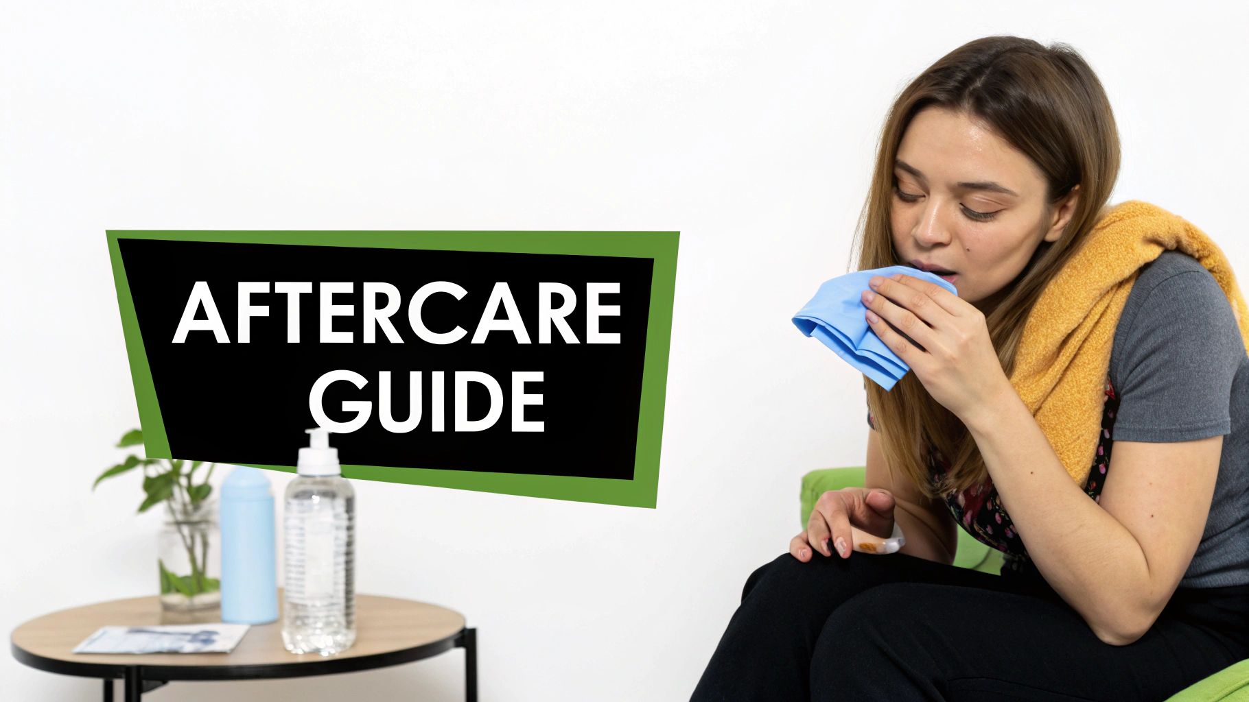 A woman looking flushed holds a blue cloth to her mouth, next to an 'AFTERCARE GUIDE' text.