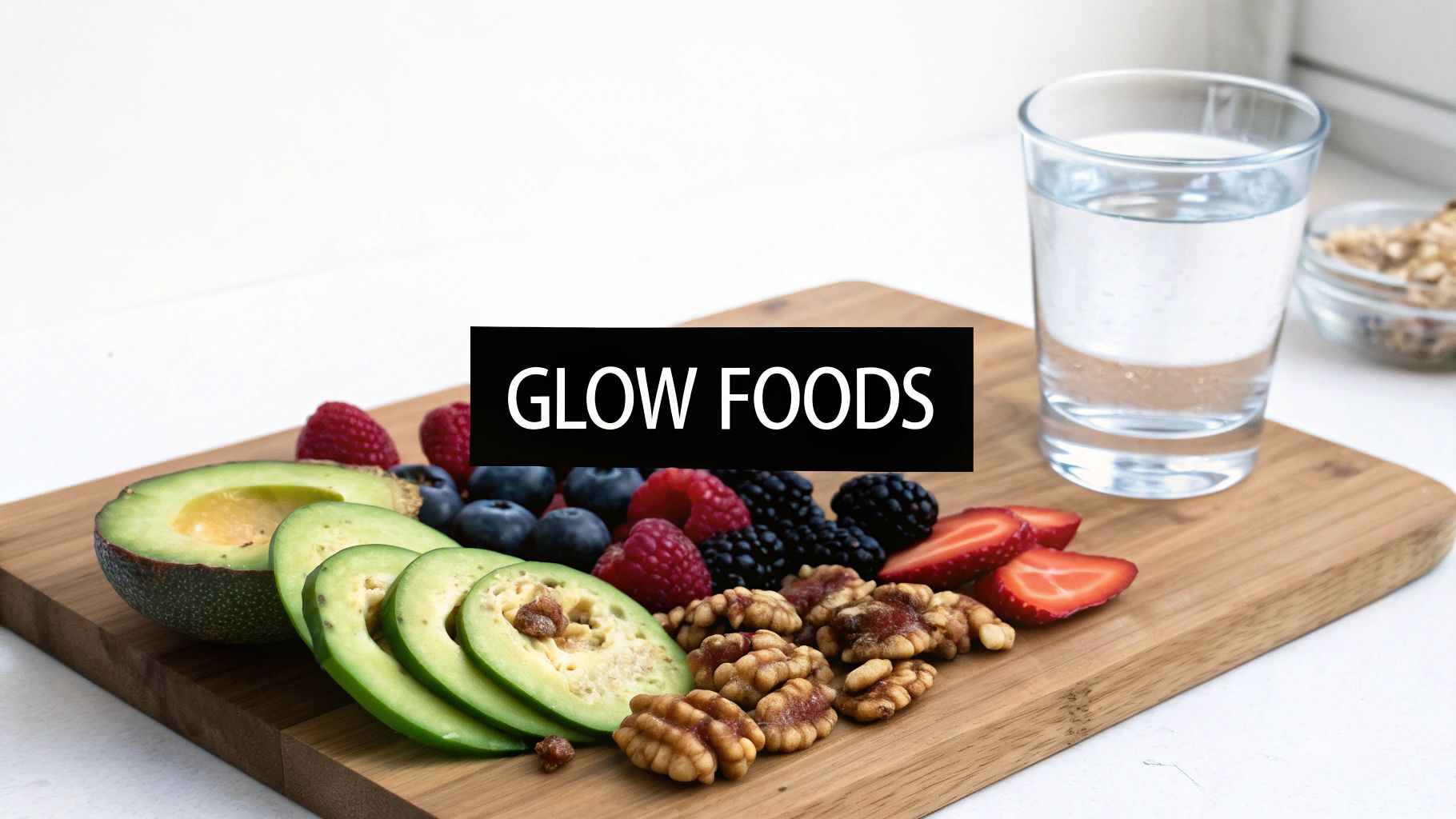 Healthy 'GLOW FOODS' including avocado, mixed berries, walnuts, and water on a cutting board.