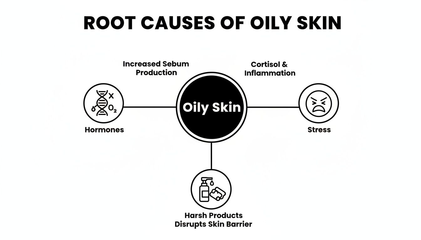 Diagram illustrating the root causes of oily skin, including hormones, stress, and harsh products.