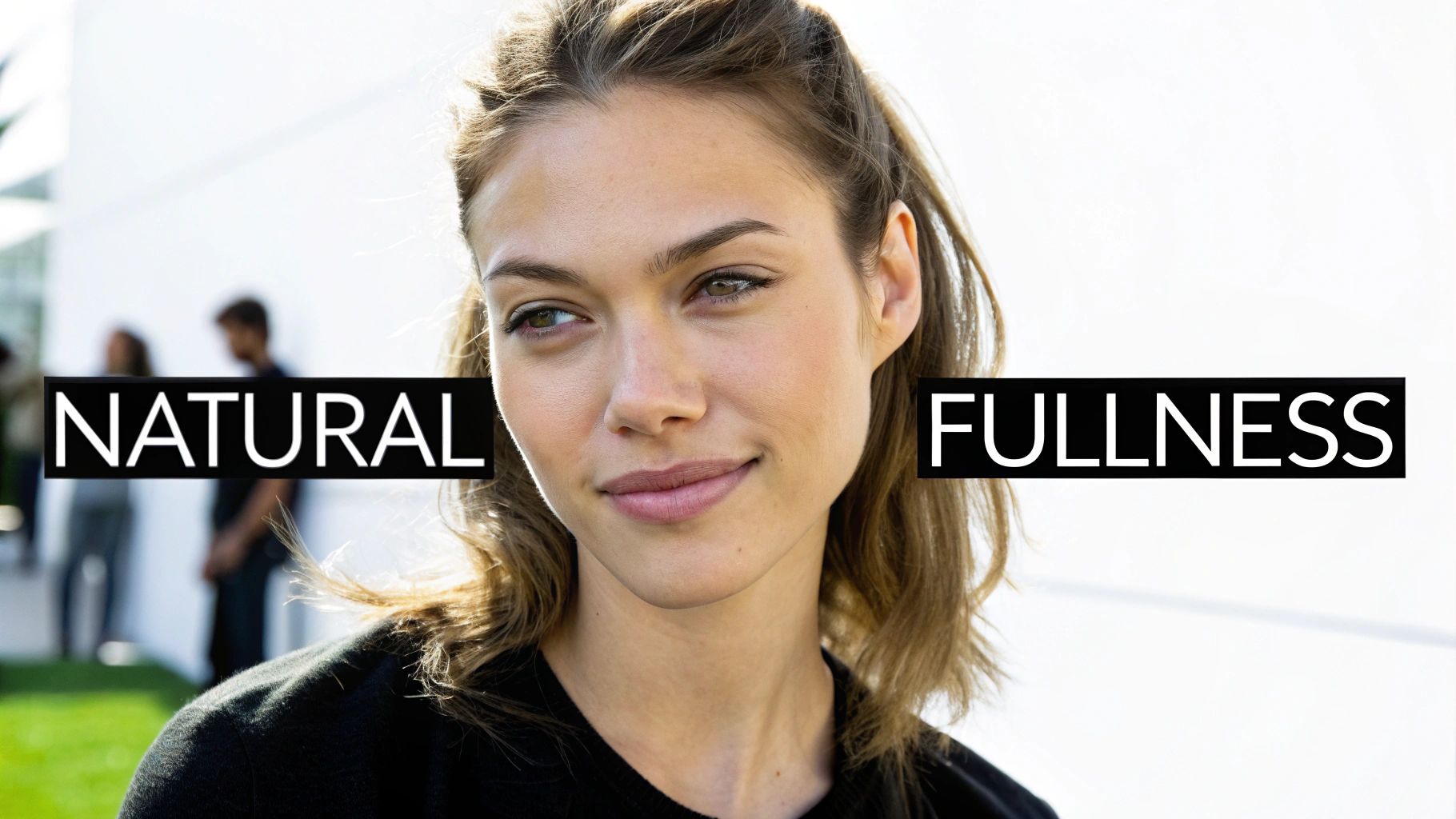 A smiling woman with natural full lips, framed by 'NATURAL' and 'FULLNESS' text.