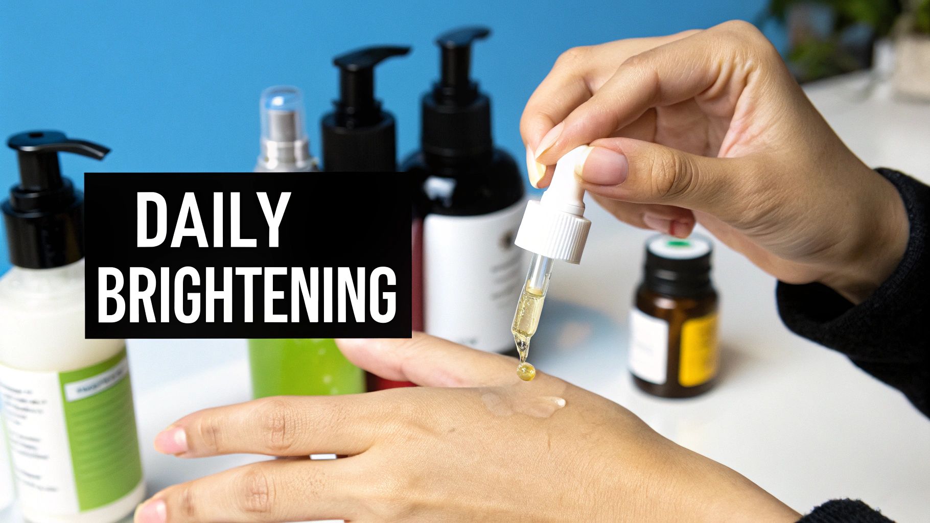 A person applying vitamin c serum to their face in a bright bathroom.