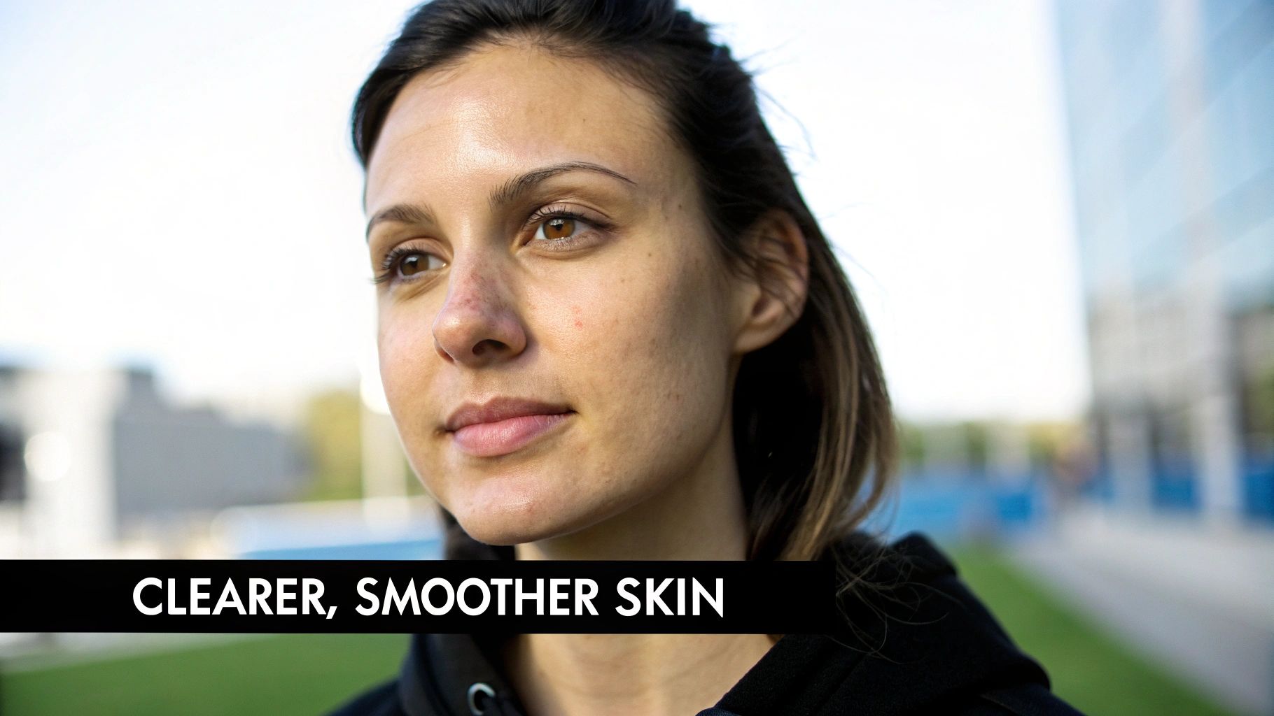 A young woman's face with natural skin, looking slightly left, with text 'CLEARER, SMOOTHER SKIN'.
