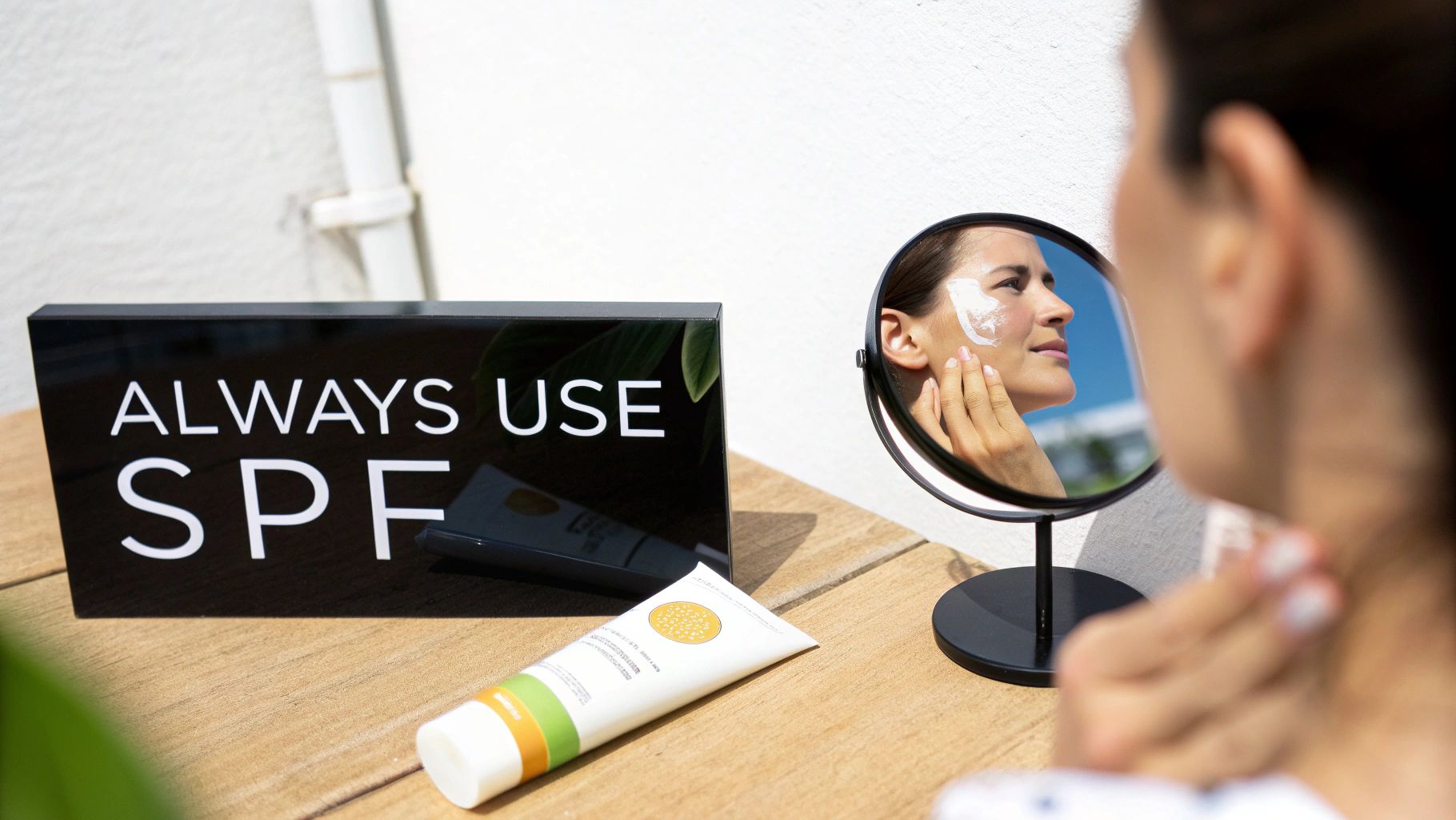 A woman applying sunscreen in a bright, sunlit room, emphasizing the importance of sun protection when using kojic acid.