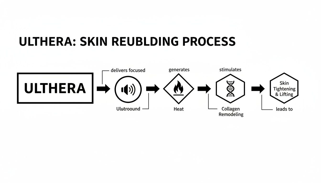 Diagram illustrating the Ulthera skin rebuilding process, from focused ultrasound to collagen remodeling.