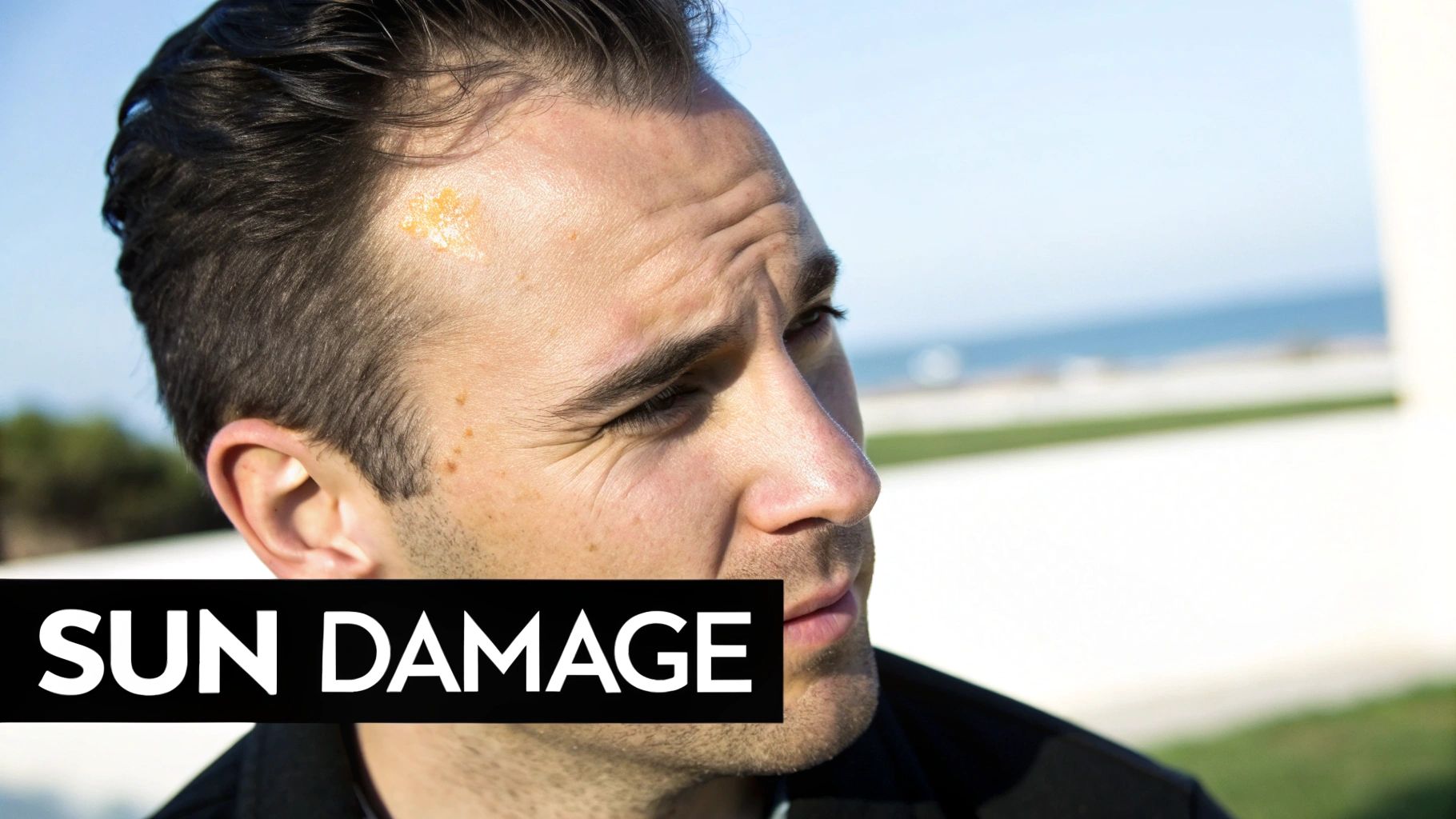 Close-up of a man's face showing forehead wrinkles, crow's feet, and a patch of sun damage.