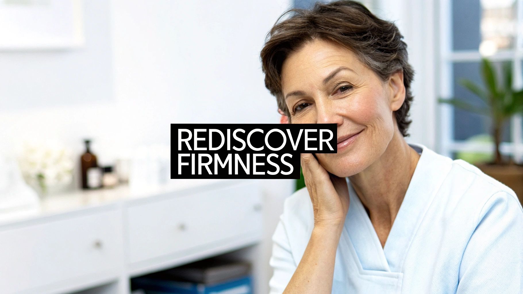 Smiling woman with short hair and text 'REDISCOVER FIRMNESS' on a clean background.