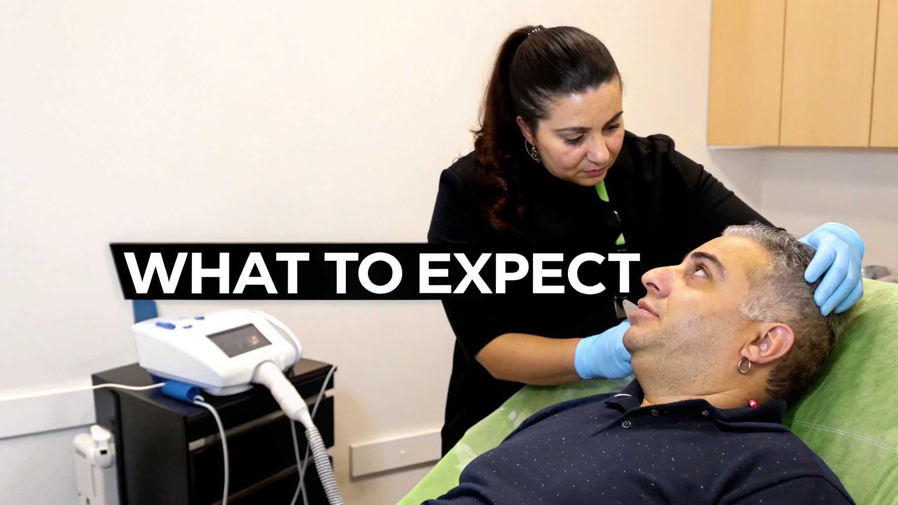 A medical professional in blue gloves performs a procedure on a man, with 'WHAT TO EXPECT' text.