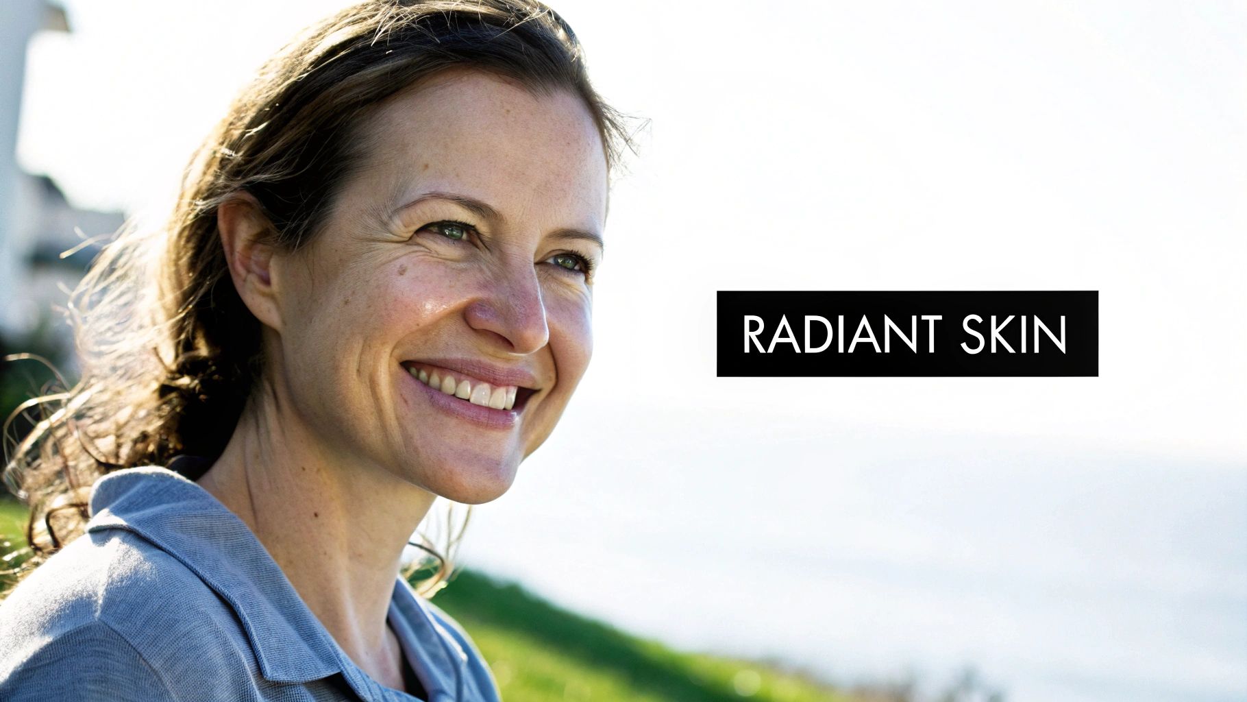 A happy smiling woman with radiant skin looking to the right outdoors under bright sunlight.