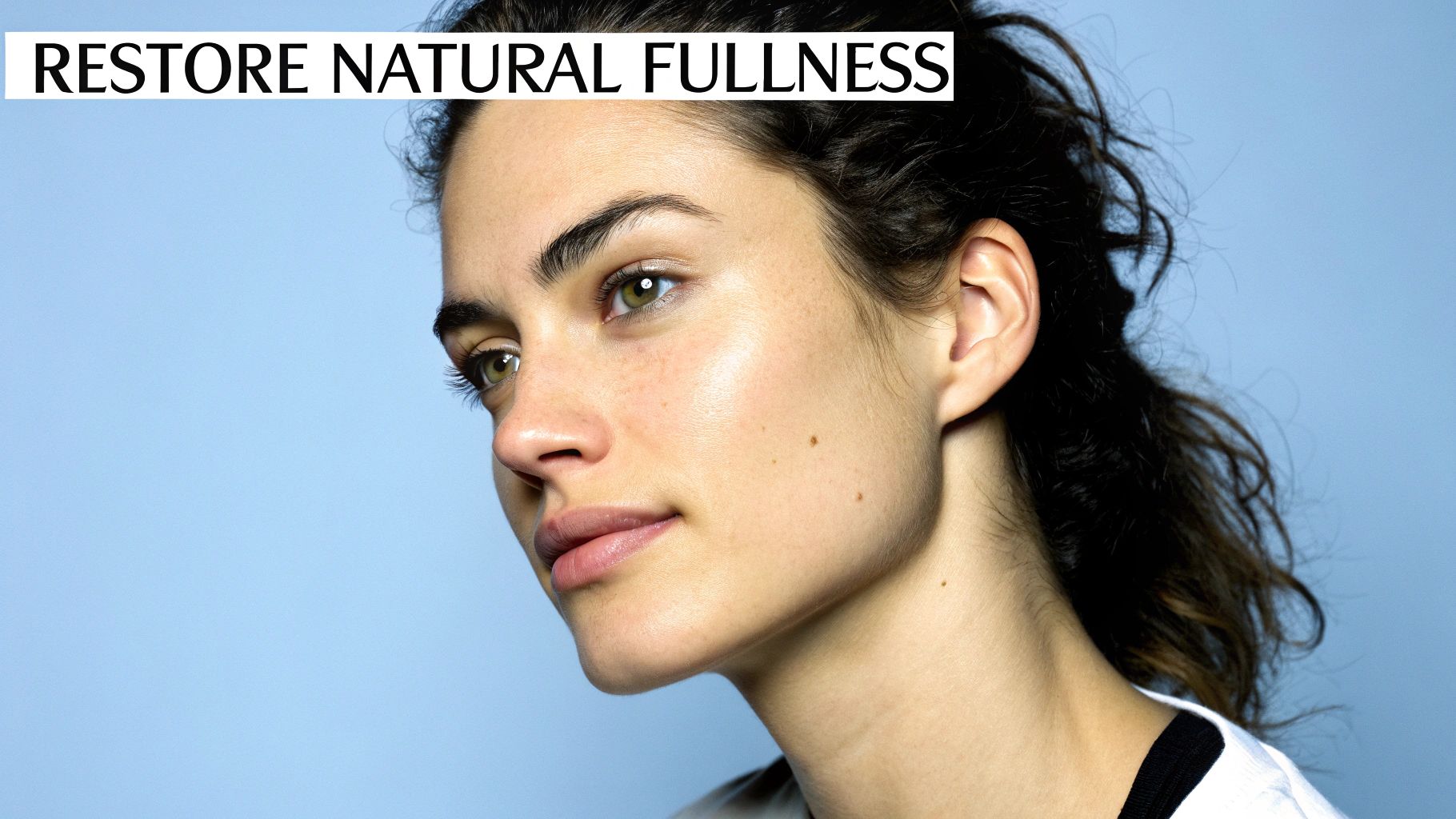 A profile of a woman with natural beauty, clear skin, and prominent eyelashes against a blue background, with text 'RESTORE NATURAL FULLNESS'.