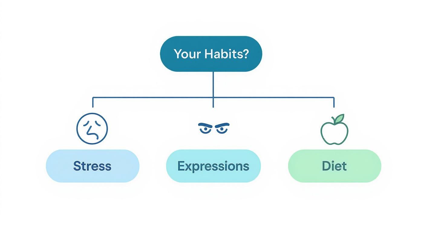 A flowchart showing how 'Your Habits?' relate to Stress, Expressions, and Diet, each with an icon.