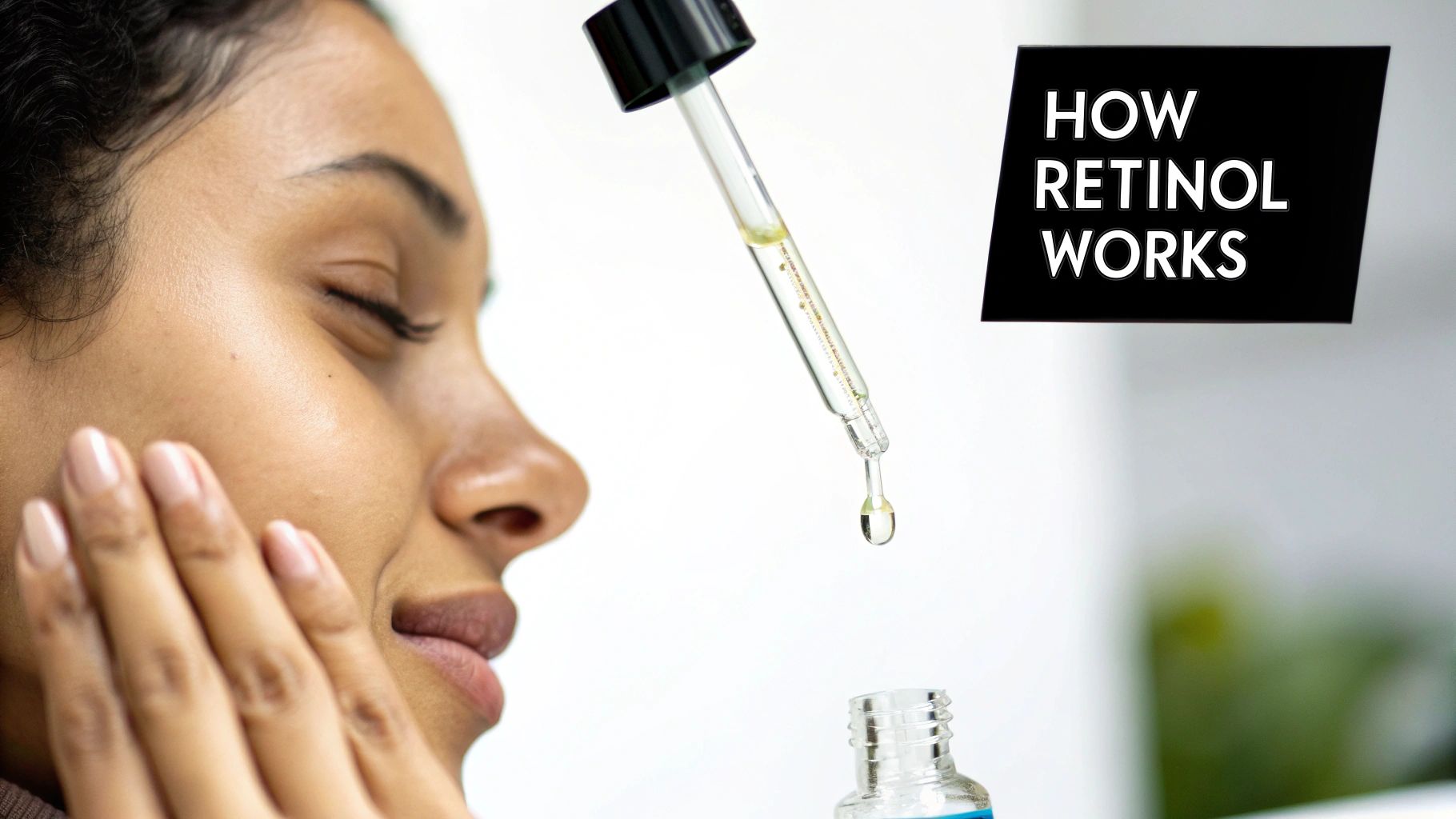 Woman with closed eyes gently applying retinol serum with a dropper to her face.
