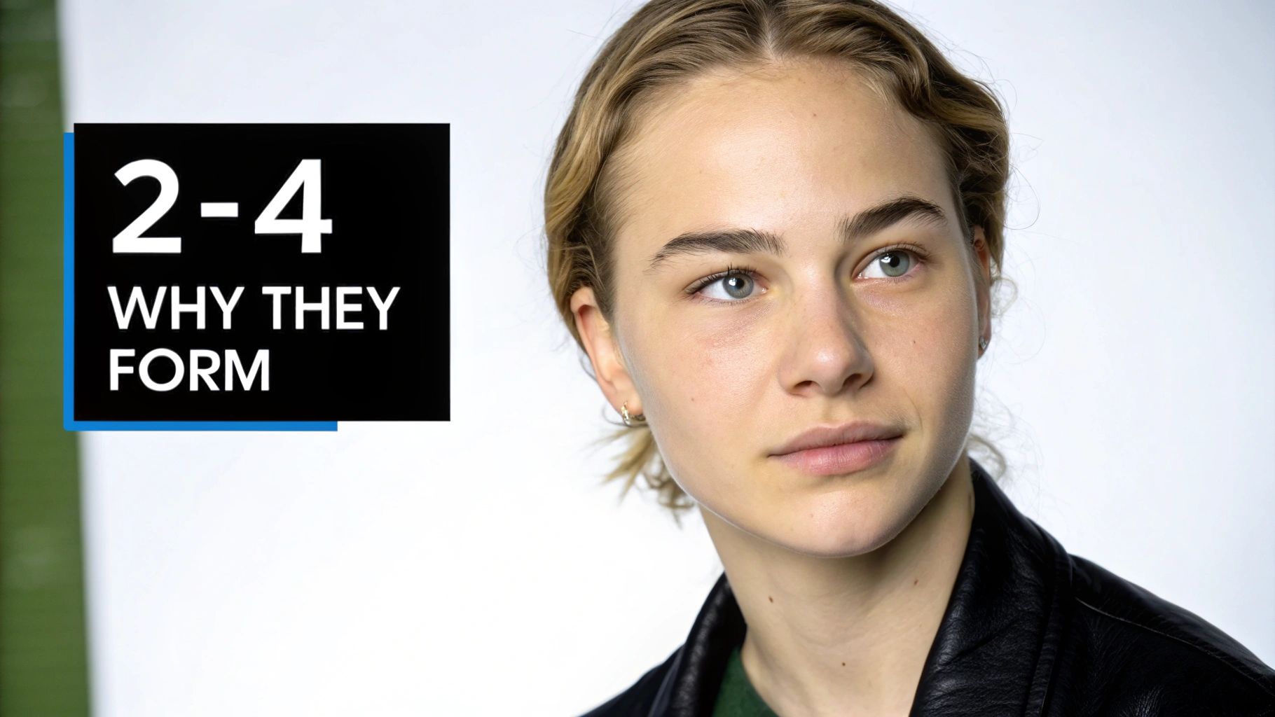 A young woman with light eyes and hair looks right, next to a black box with text '2-4 WHY THEY FORM'.