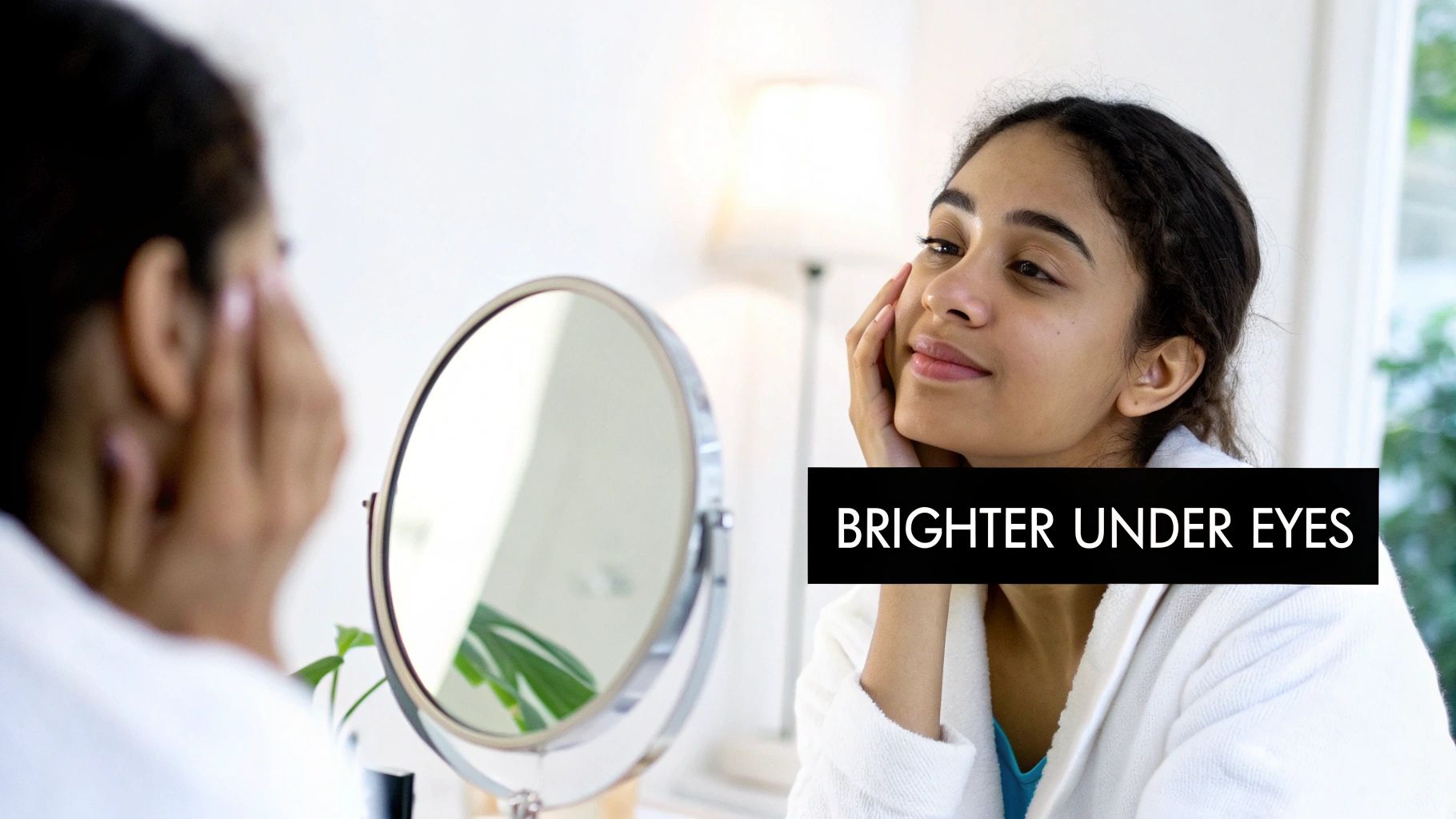 Young woman in a white robe smiling, looking in a mirror and touching her face, focusing on skincare.