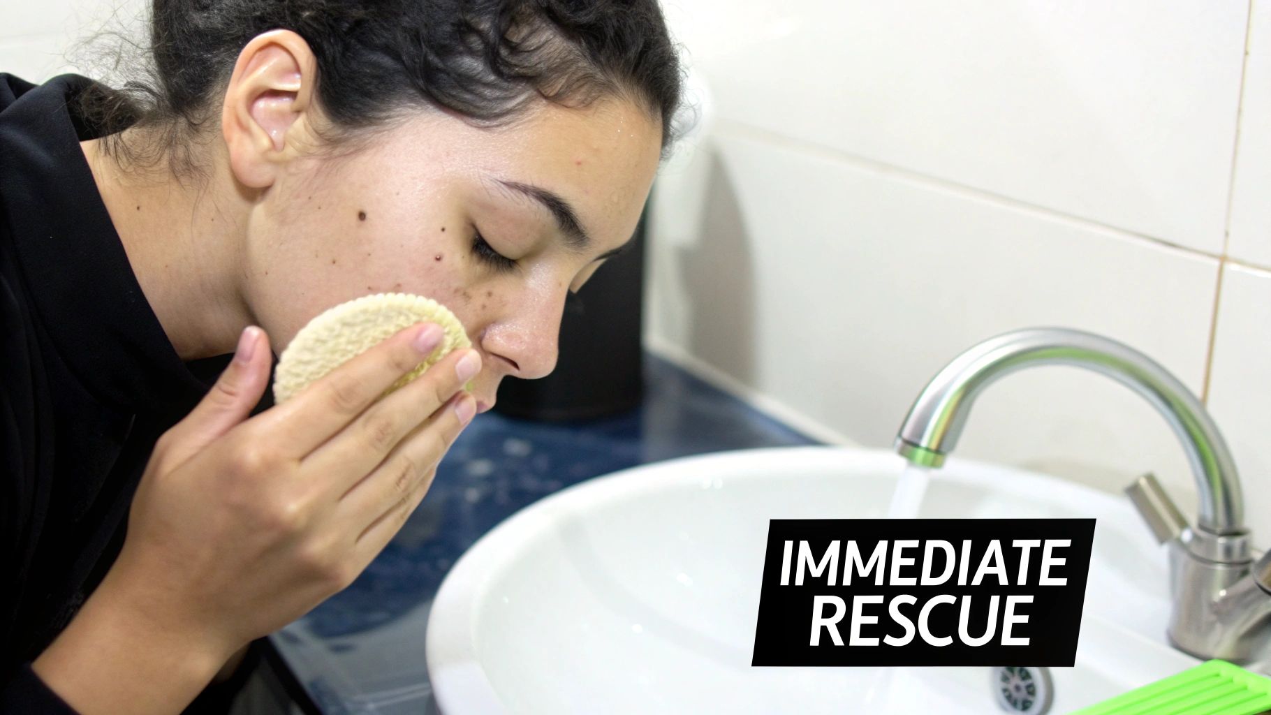 A person with curly hair washing their face with a sponge over a sink, with text 'Immediate Rescue'.
