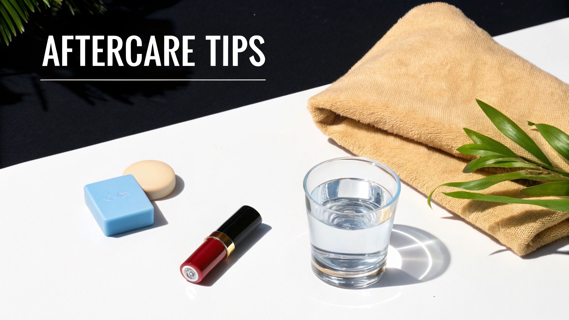 Aftercare tips flat lay with soap, lipstick, water, towel, and plant on a split background.