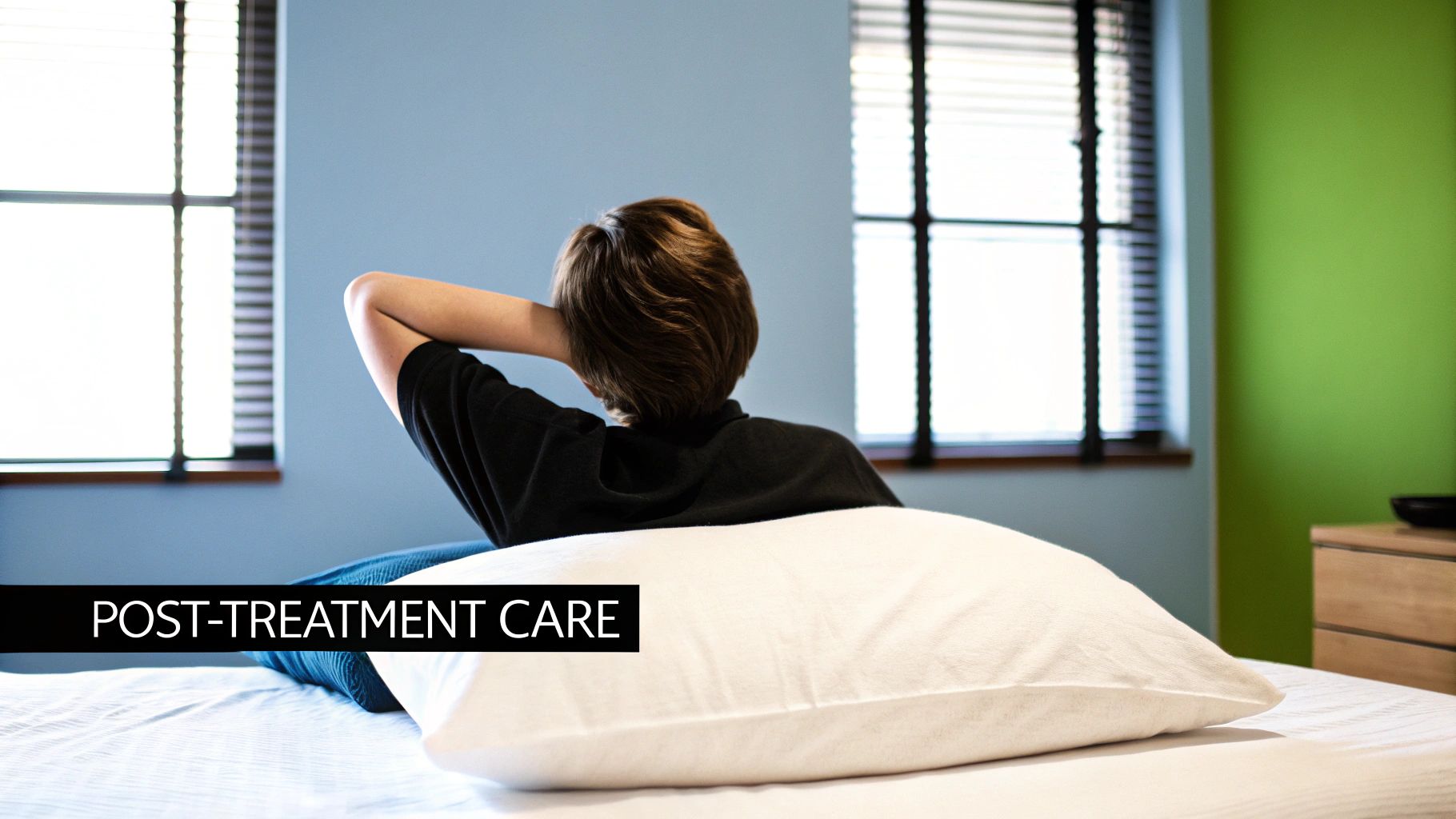 Person relaxing on a bed with hands behind head, looking towards a window after treatment.
