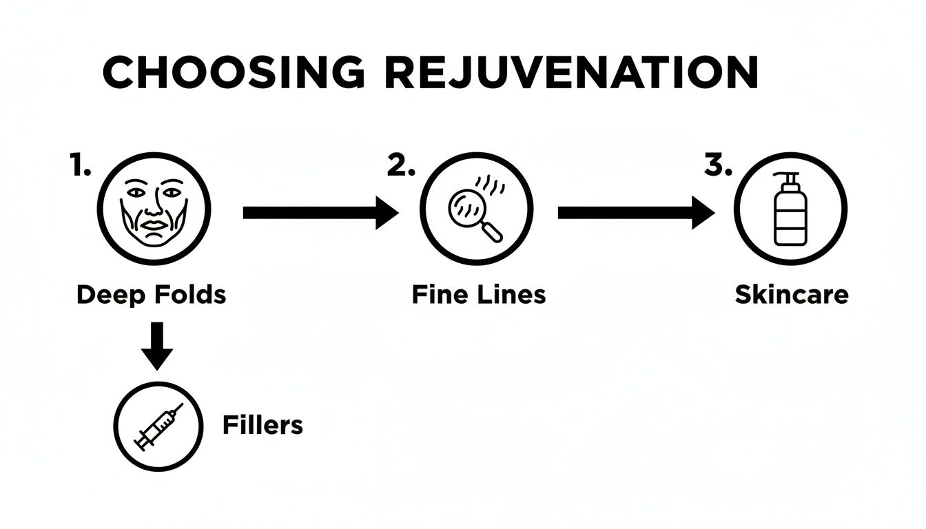 Diagram illustrating skin rejuvenation options, showing treatments for deep folds, fine lines, and general skincare.