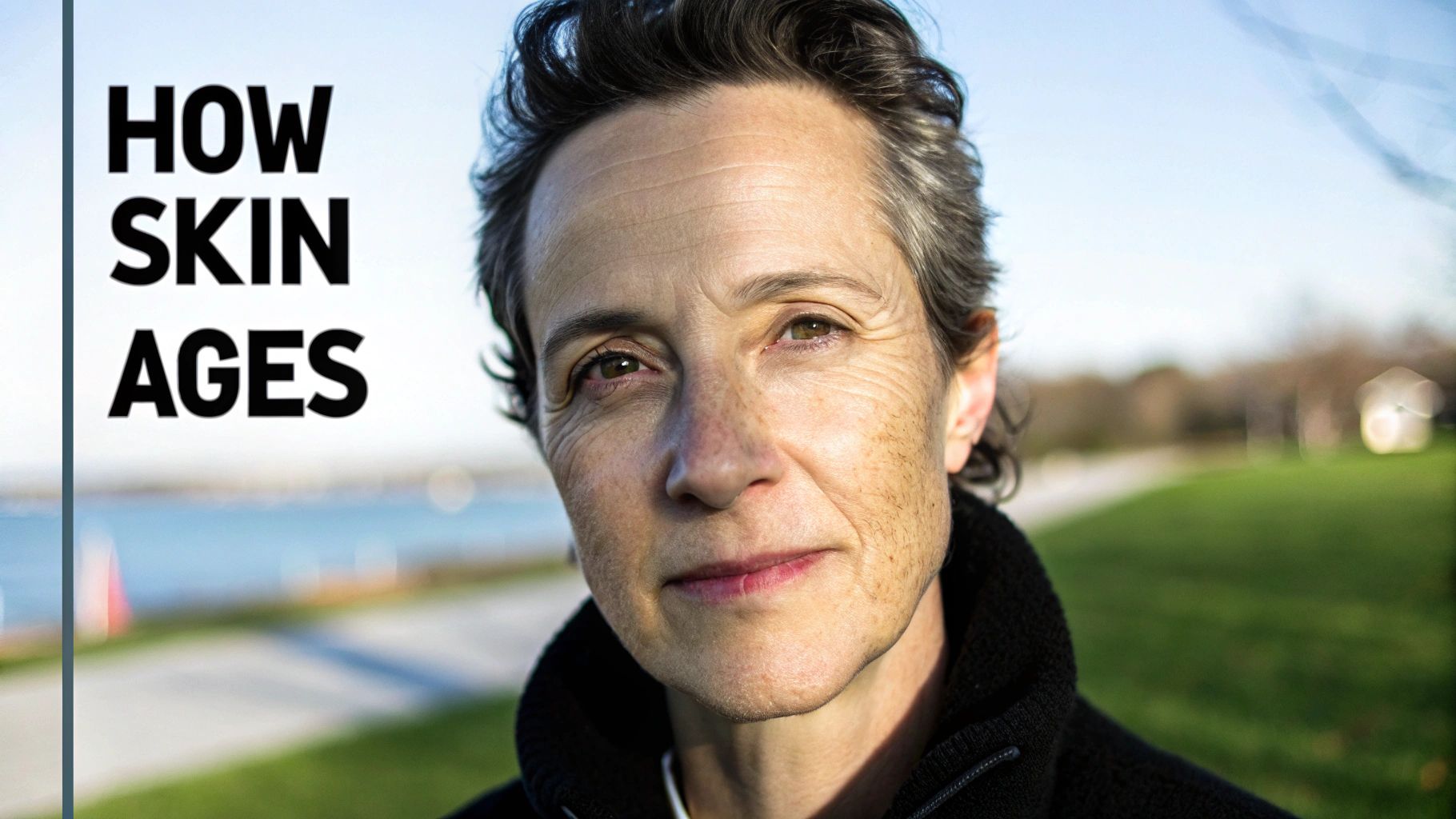 Close-up portrait showing natural skin aging signs including wrinkles and texture on mature face