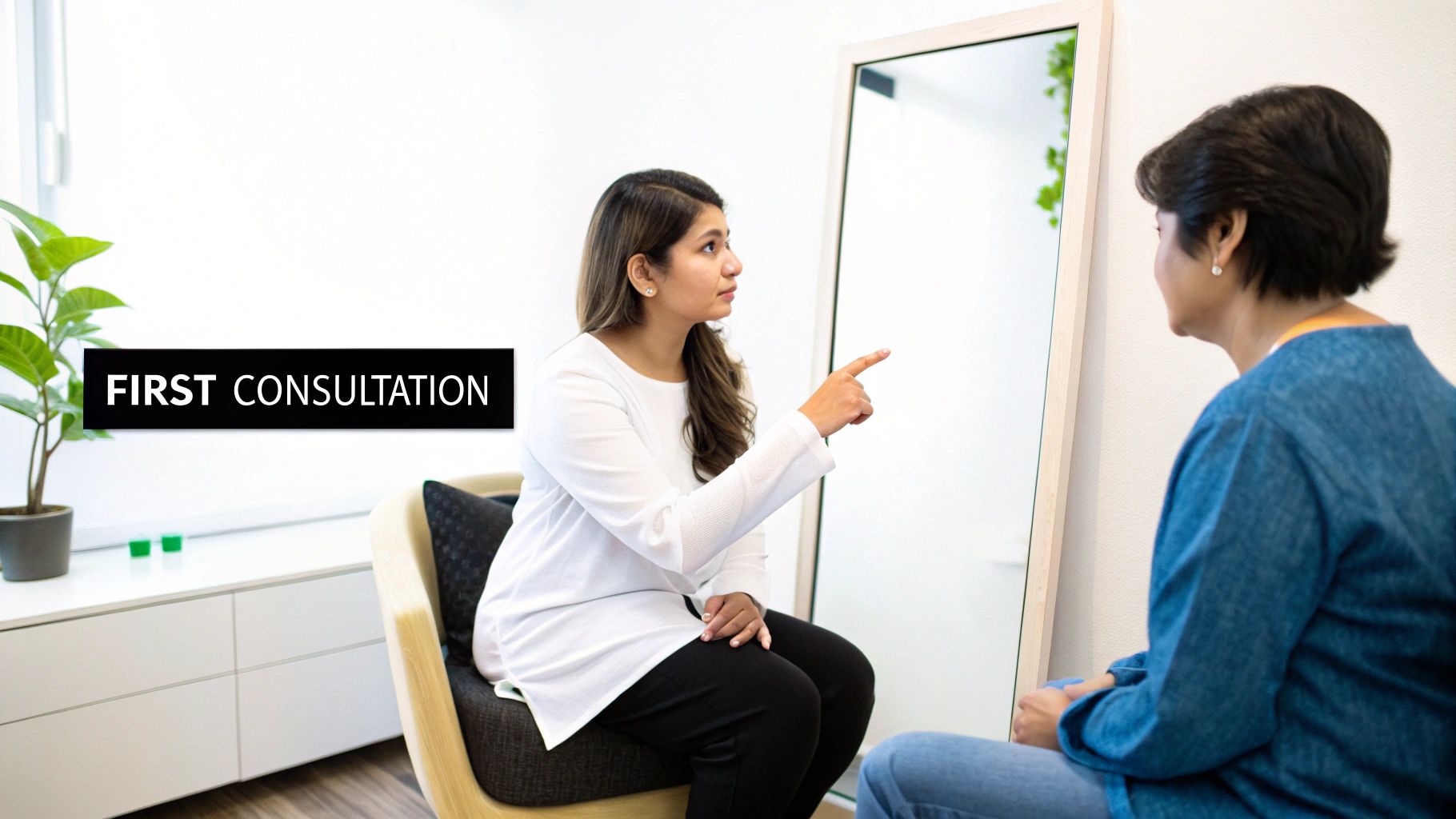Healthcare professional consulting with patient during first consultation appointment in modern clinic office