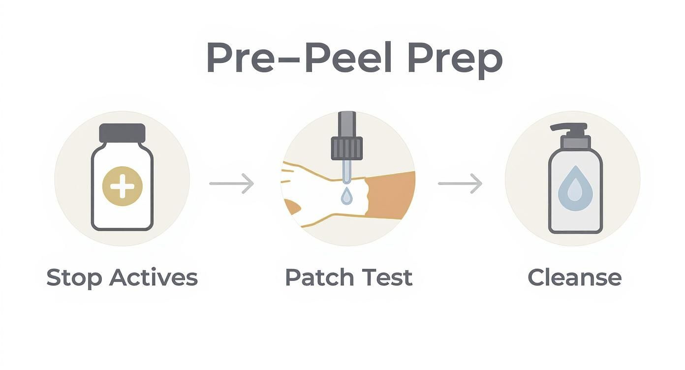 Infographic showing the pre-peel process flow from stopping actives, to patch testing, to cleansing.