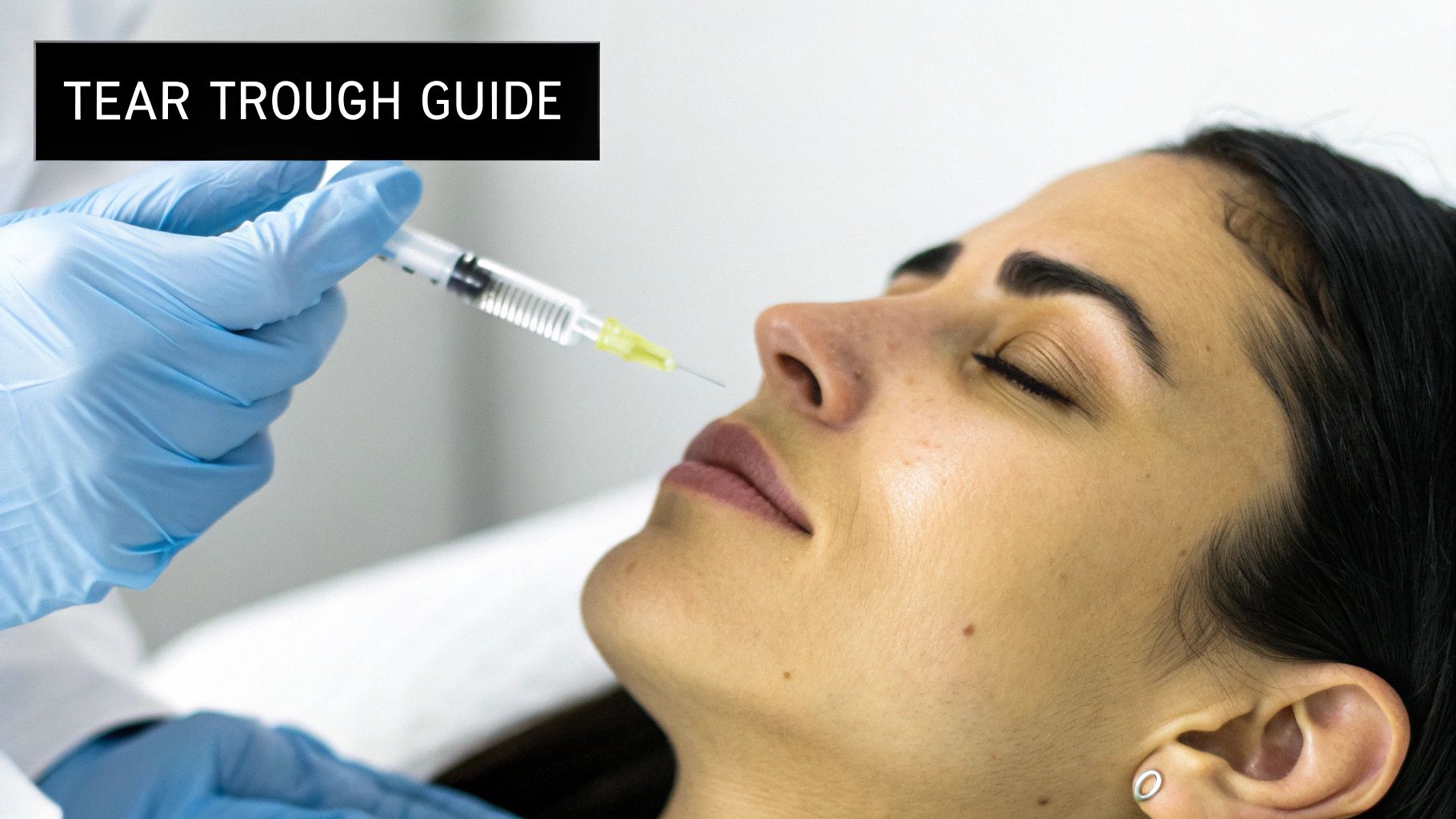 A person with closed eyes receiving a cosmetic injection near the eye for tear trough filler treatment.