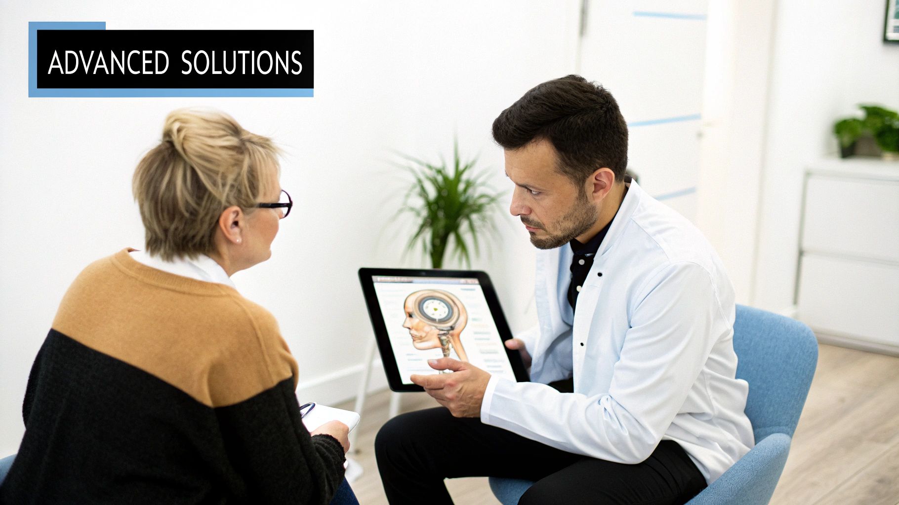 A male doctor in a white coat shows a female patient a brain scan on a tablet in a modern clinic.