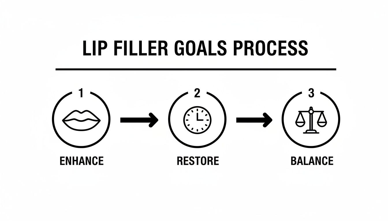 Diagram illustrating the three-step process for lip filler goals: enhance, restore, and balance.