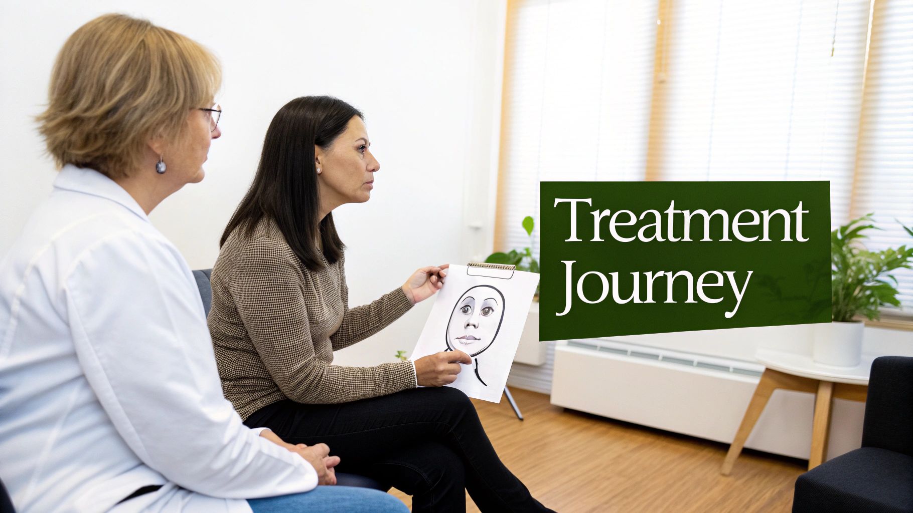 A therapist listens to a patient holding a drawing of a face, with 'Treatment Journey' text.