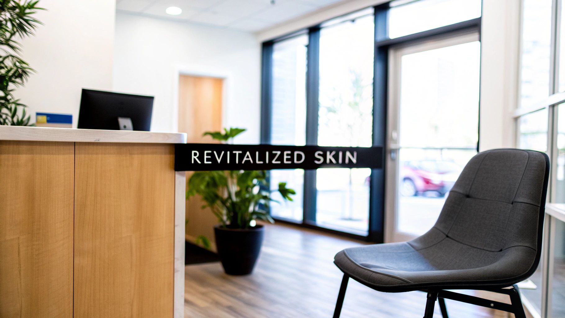 A bright and modern reception area featuring a "REVITALIZED SKIN" sign and a comfortable chair.