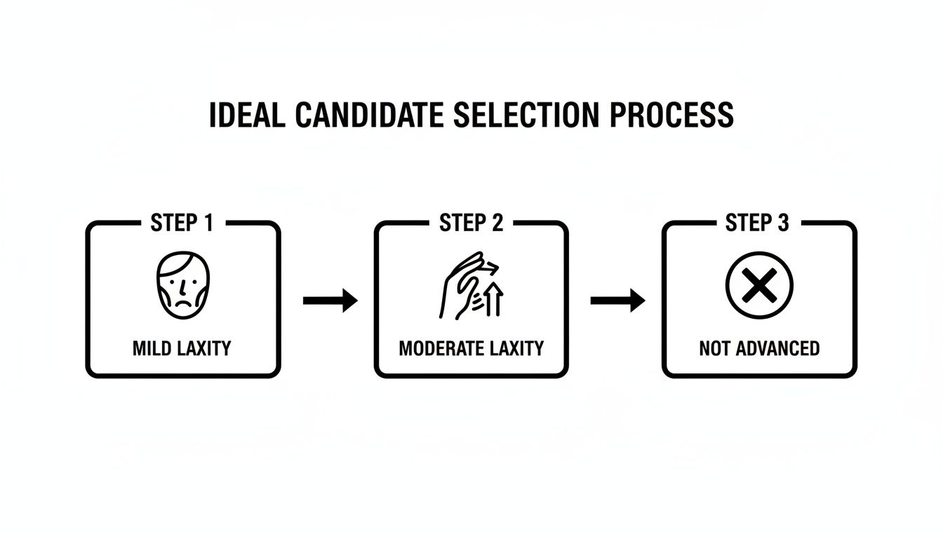 Flowchart detailing ideal candidate selection process for thread lifting, categorizing mild, moderate, and not advanced skin laxity.