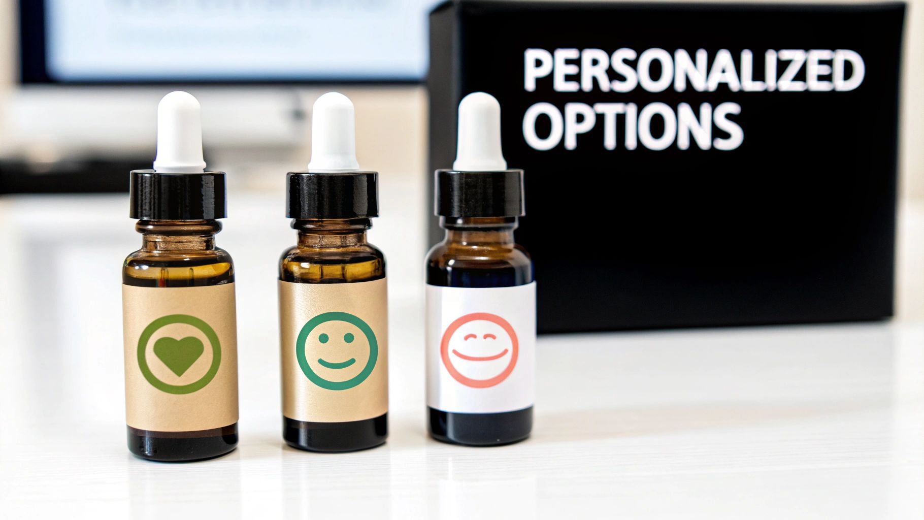 Three small dropper bottles with heart and smiley face labels next to a 'Personalized Options' box.