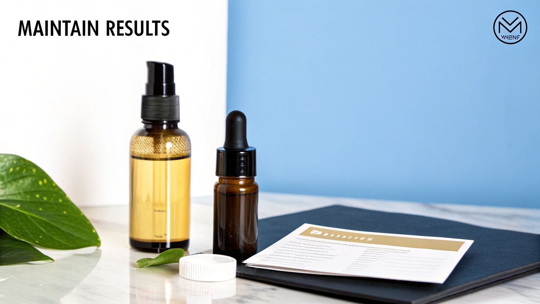 Two amber bottles, one with a pump and one with a dropper, on a marble surface with green leaves, promoting 'MAINTAIN RESULTS' skincare.