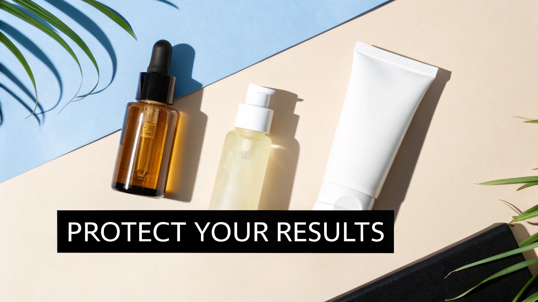 Three skincare products: a brown dropper bottle, clear pump bottle, and white tube on a beige and blue background with palm leaves and text 'PROTECT YOUR RESULTS'.