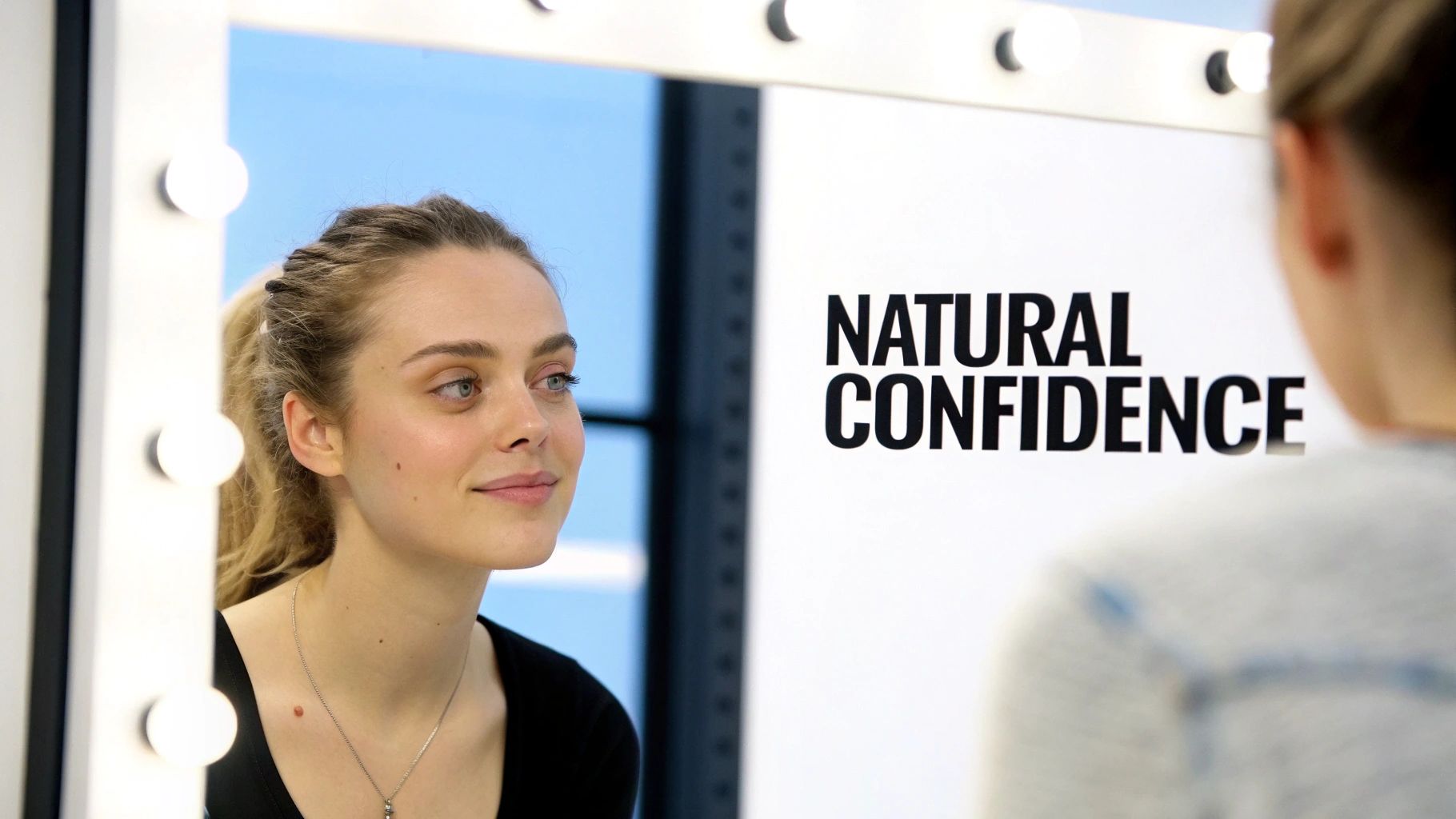 A young woman with a ponytail smiles while looking at her reflection in a lighted mirror displaying 'NATURAL CONFIDENCE'.