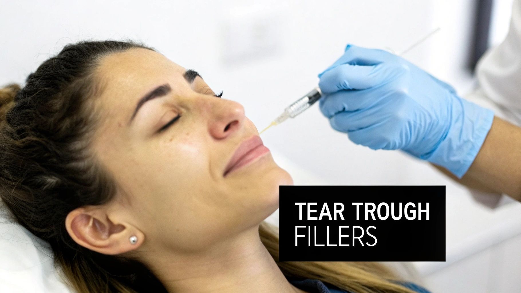 Close-up of a woman receiving facial aesthetic injection by a gloved hand for tear trough fillers.