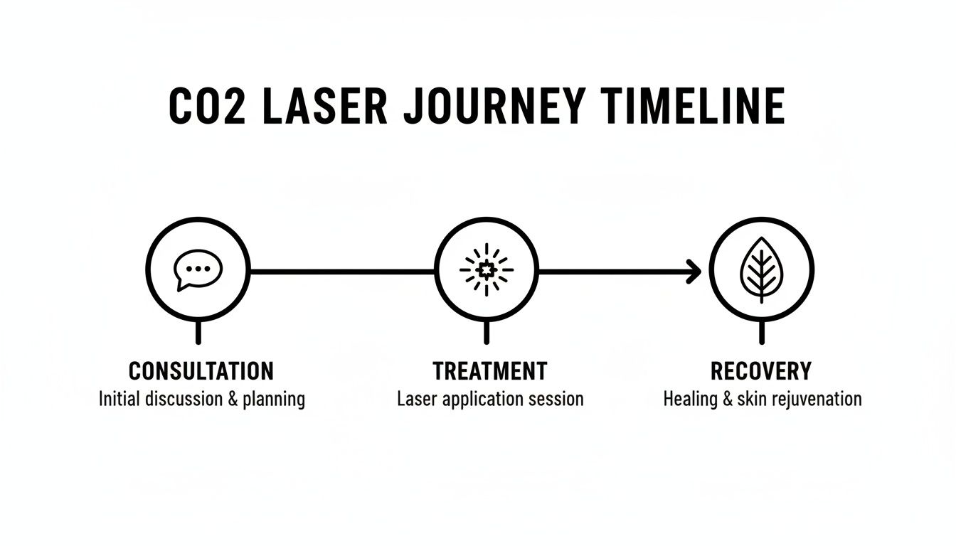 CO2 laser treatment journey timeline showing consultation, treatment, and recovery stages with icons.
