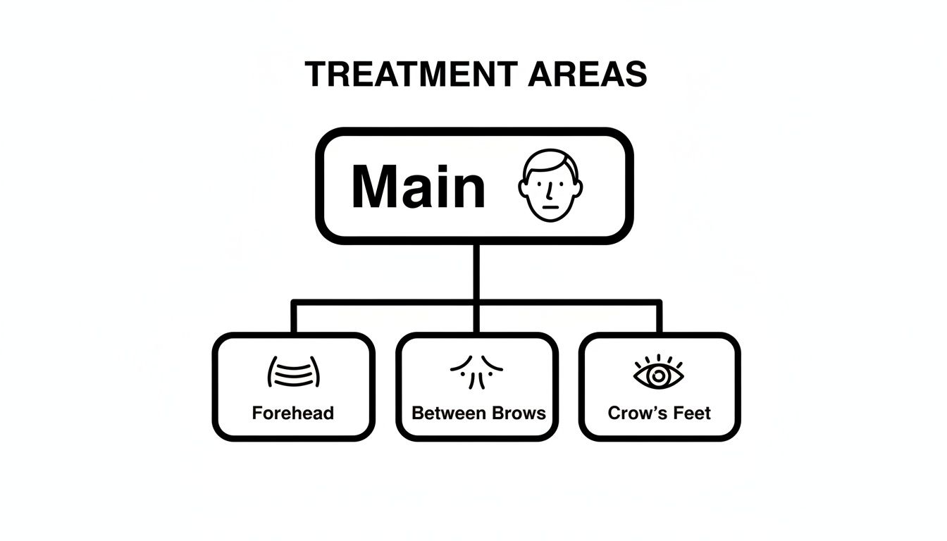 Diagram showing treatment areas for anti-wrinkle injections: Main, Forehead, Between Brows, and Crow's Feet.