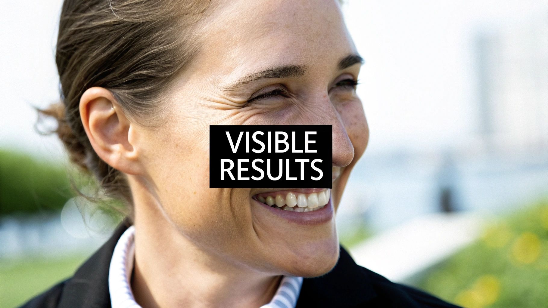 Smiling woman's side profile with crow's feet and freckles, text 'VISIBLE RESULTS' across her face.