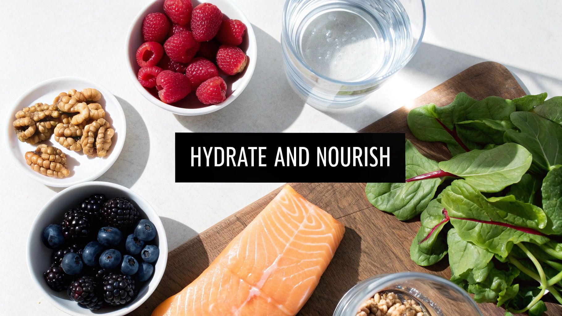 A top-down view of various healthy foods including salmon, berries, walnuts, leafy greens, and water, with text 'HYDRATE AND NOURISH'.
